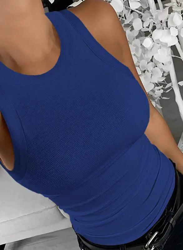 Dokotoo Womens Ladies Ribbed Thick Strap Racerback Tight Slim Fitted Sporty Workout Tank Tops XX-Large Solid2 Royal Blue - Evallys.com # #
