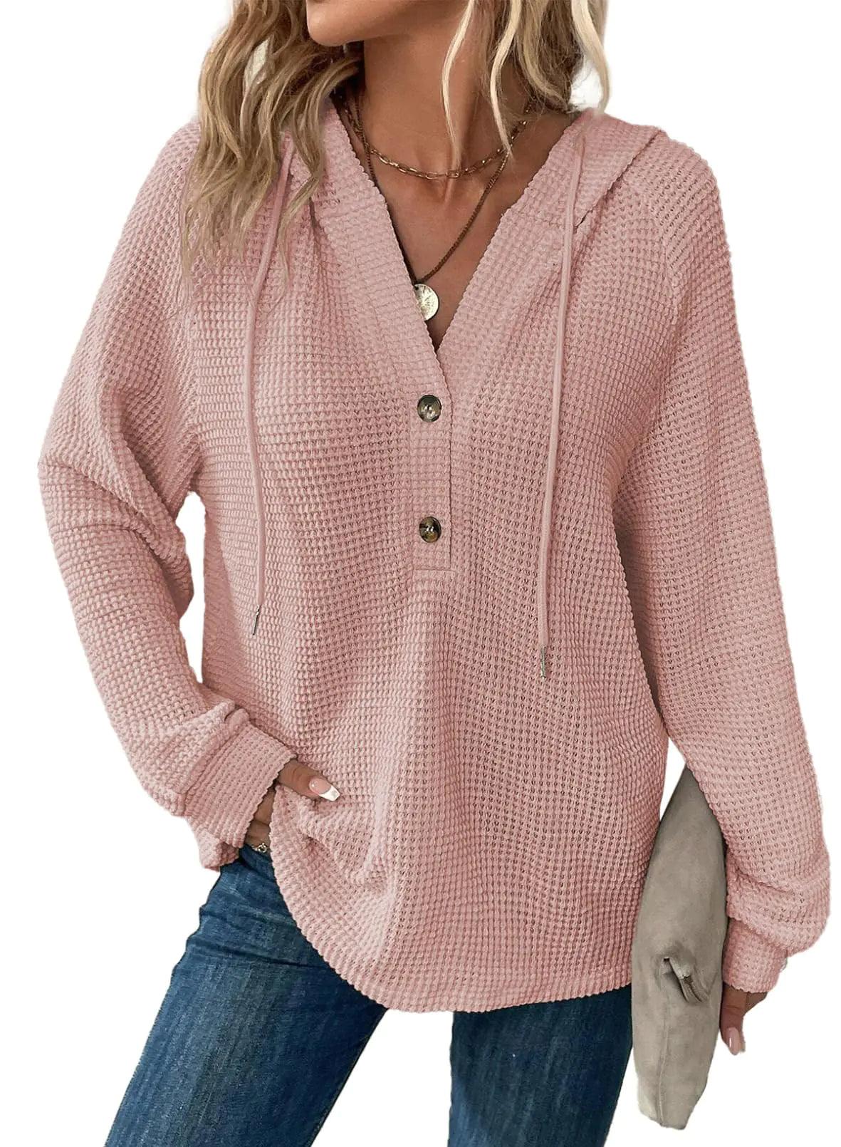 Dokotoo Hoodies for Women Waffle Knit Drawstring Button V Neck Long Sleeve Casual Pullover Sweatshirt Hooded Tops Large Pink - Evallys.com # #