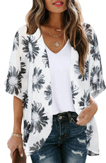 Women's Floral Print Puff Sleeve Kimono Cardigan Loose Cover Up Casual Blouse Tops Small Orange Black - Evallys.com