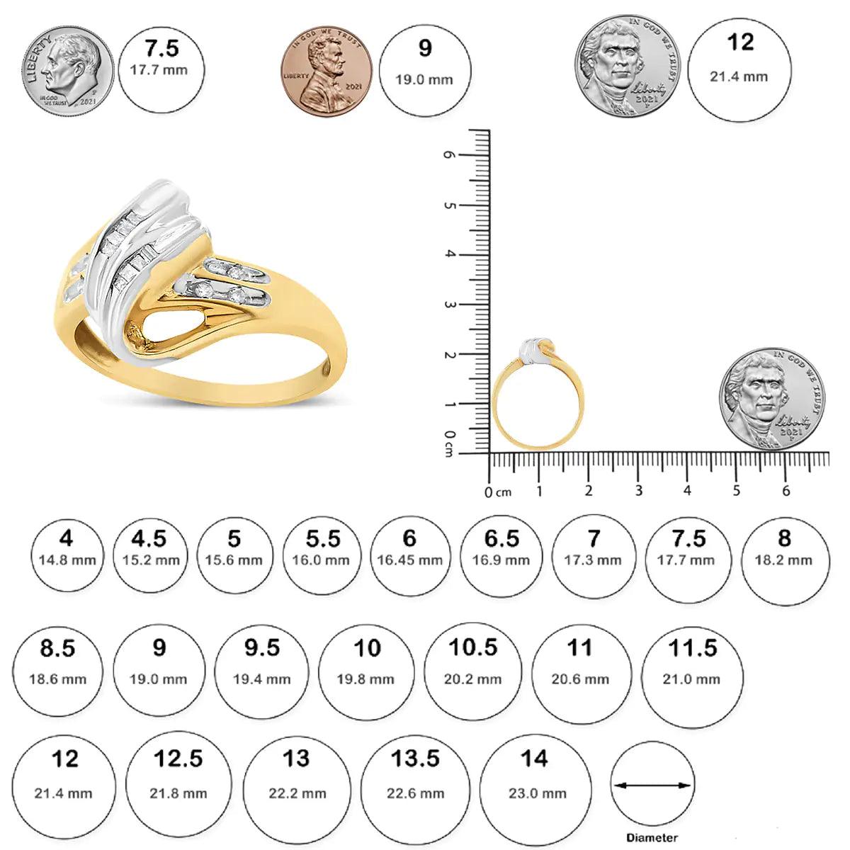 10K Yellow and White Gold 1/10 Cttw Baguette and Round-Cut Diamond Bypass Ring (I2 Color, H-I Clarity) - Evallys.com # #