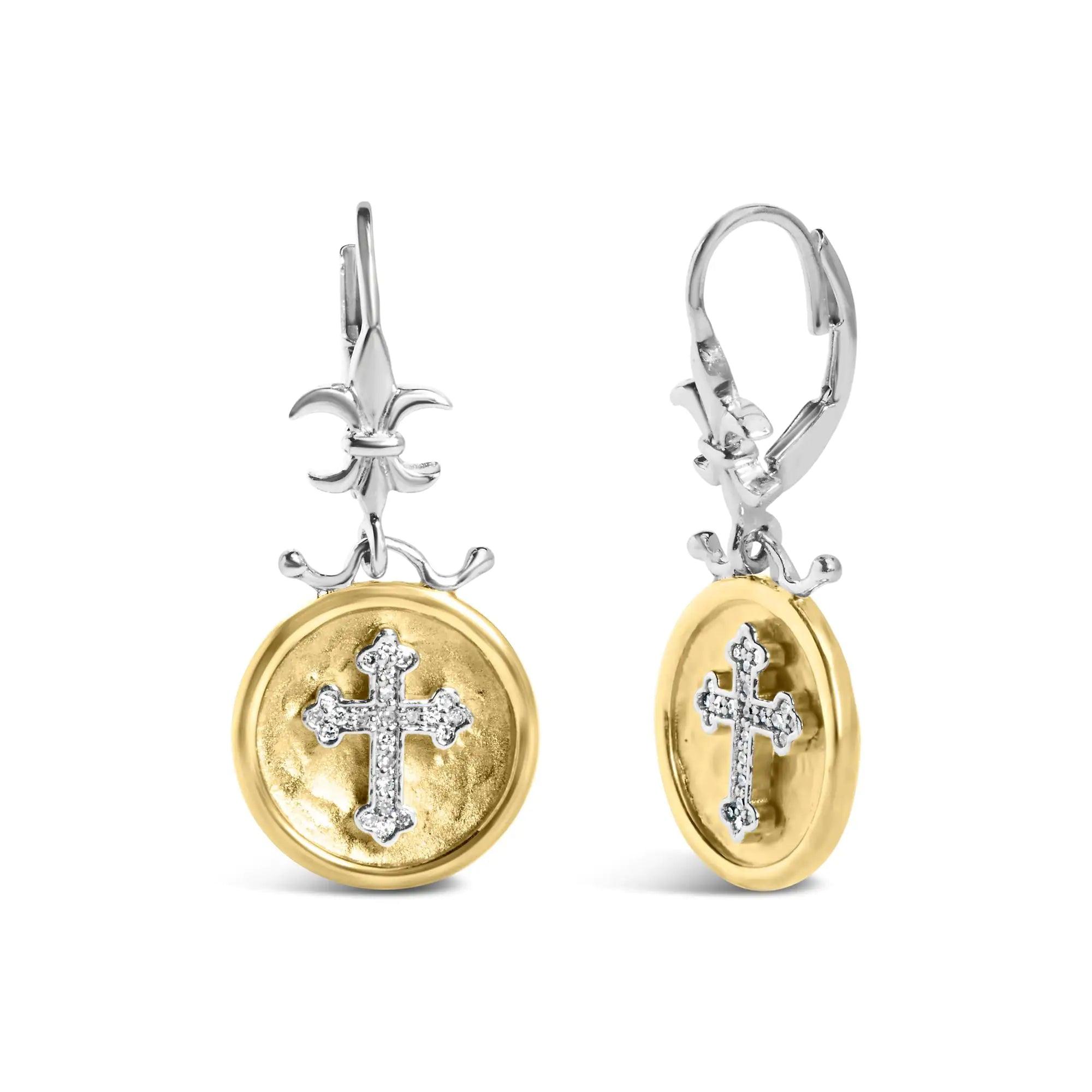 18K Yellow Gold Plated .925 Sterling Silver 1/8 Cttw Diamond Hammered Finished Medallion with Cross Drop and Dangle Earrings (I-J Color, SI1-SI2 Clarity) - Evallys.com # #