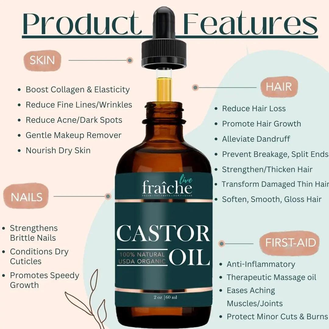 Organic Castor Oil for Face (2oz) + FREE Filled Mascara Tube USDA Cert, 100% Pure, Cold Pressed, Hexane Free by Live Fraiche. Hair Growth Oil for Eyelashes, Eyebrows, Lash Growth Serum. Brow Treatment 2 Fl Oz (Pack of 1) - Evallys.com # #