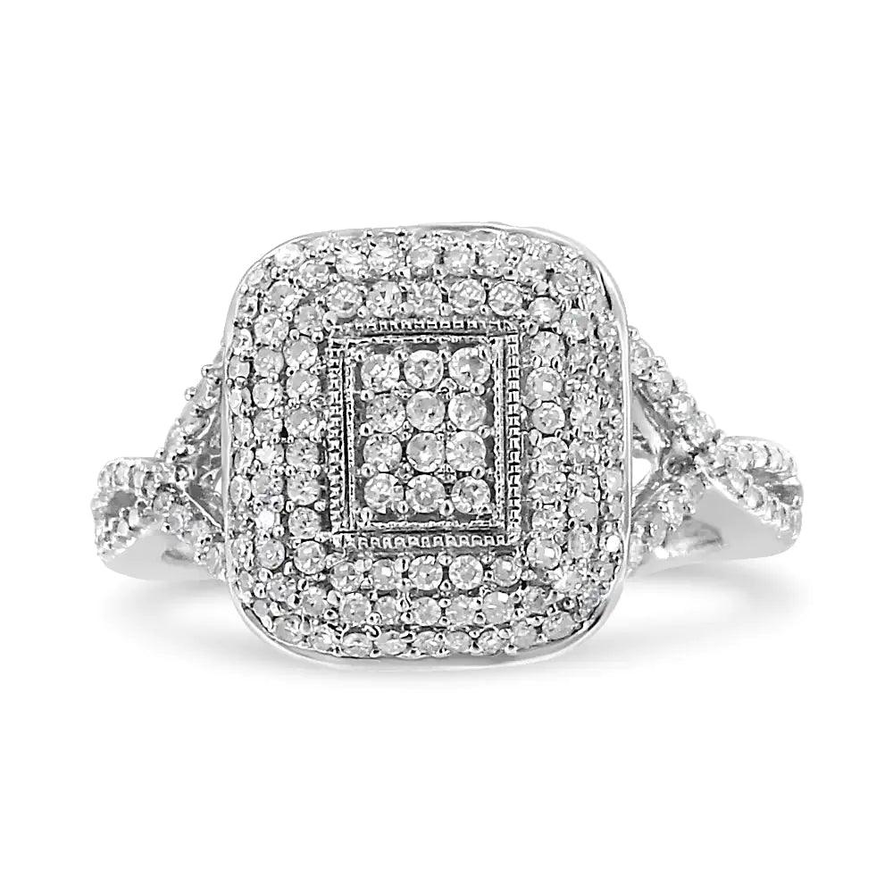 .925 Sterling Silver 1/2 Cttw Round-Cut Diamond Cluster Cushion Ring (I-J , I1-I2) - Evallys.com # #