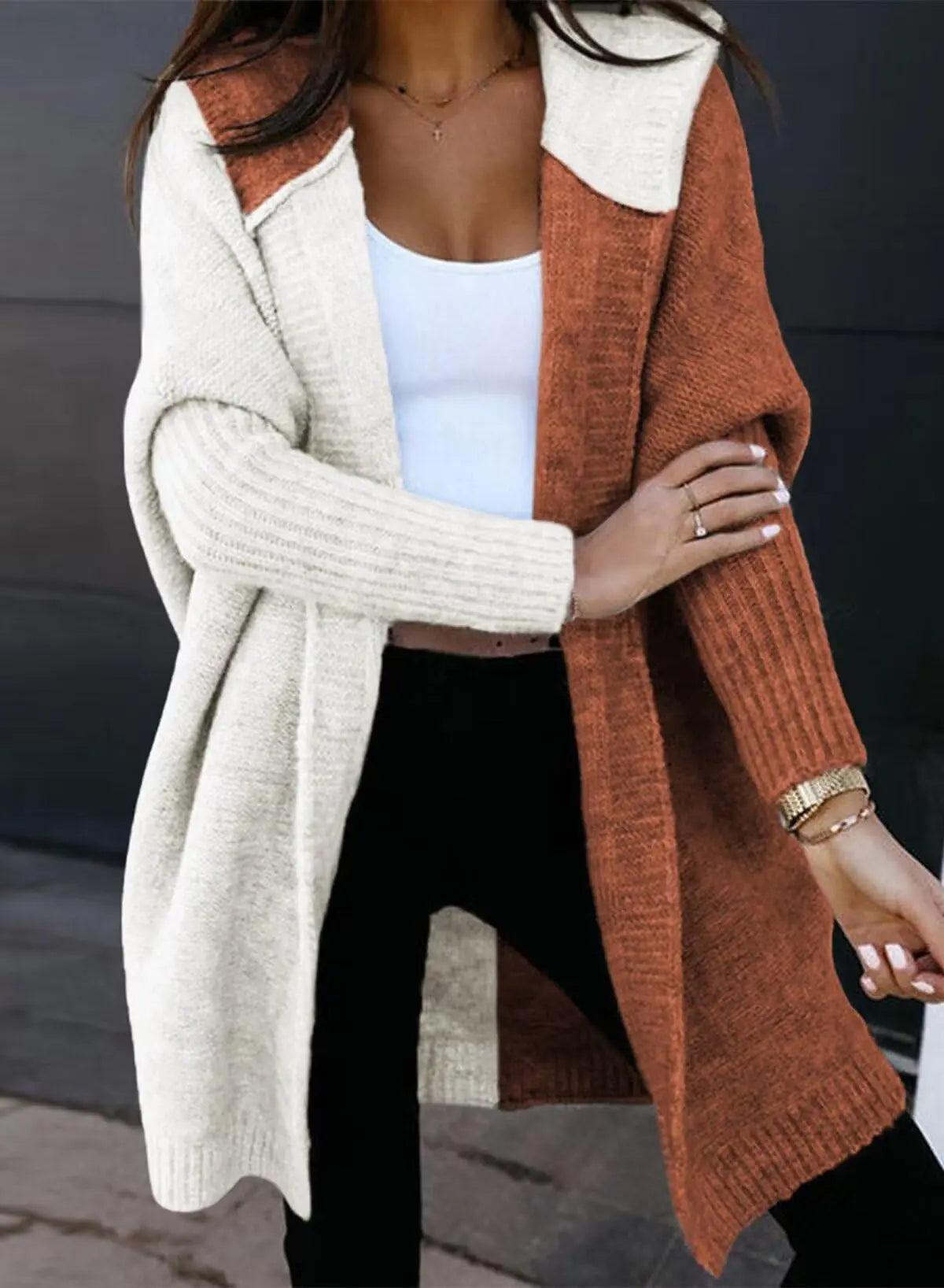 Astylish Women 2024 Open Front Long Sleeve Hooded Knit Cardigan Sweaters Color Block Outwear Coat Medium Brown - Evallys.com # #