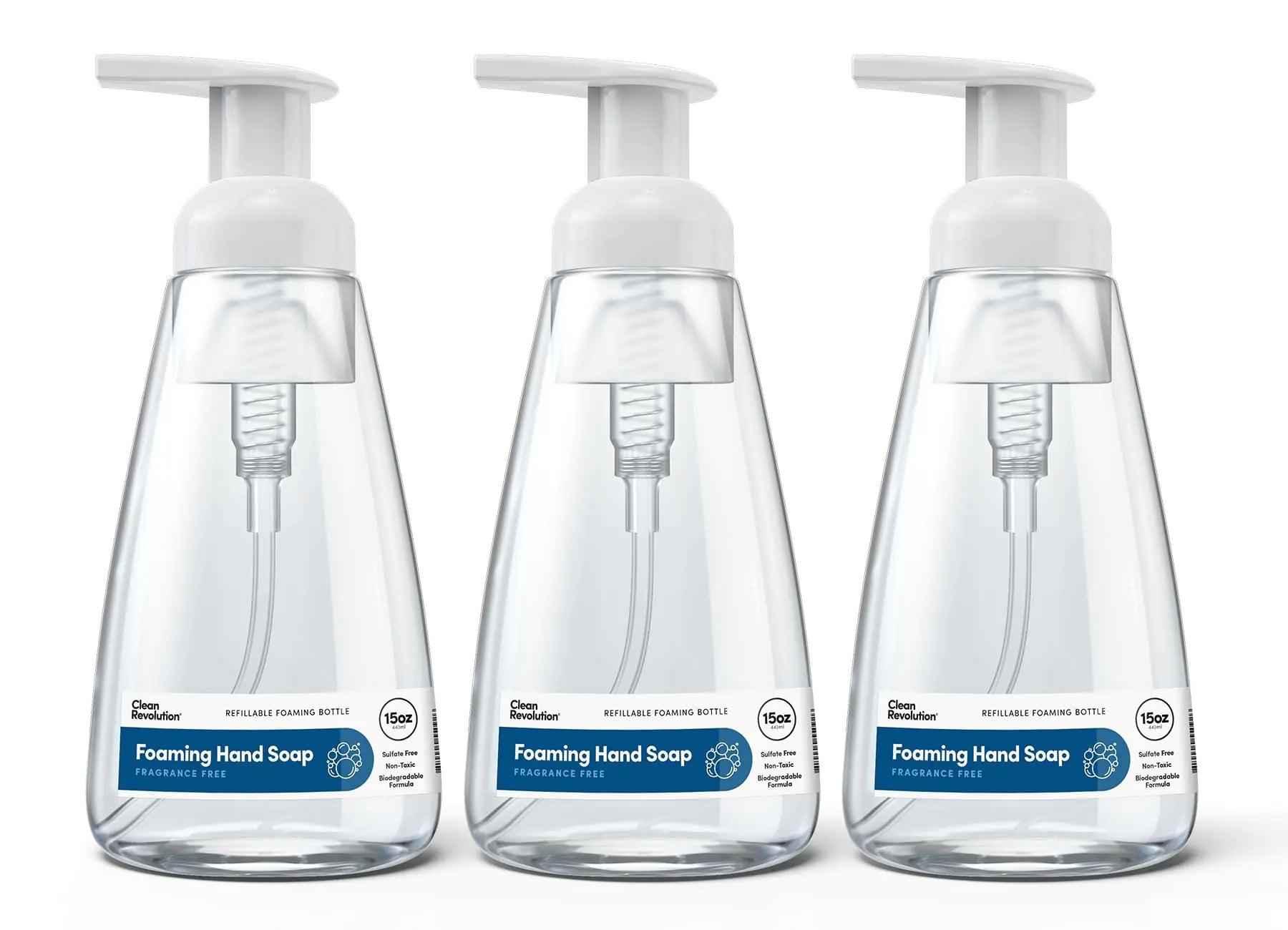 Clean Revolution Ready to Use Foaming Hand Soap| Three Pack | Jumbo 15oz Bottles | Gentle, Moisturizing & Eco-Friendly | Real Essential Oils | Fragrance Free | 45 Total Fl Oz, Clear 15 Fl Oz (Pack of 3) FOAM - Fragrance Free - Evallys.com # #