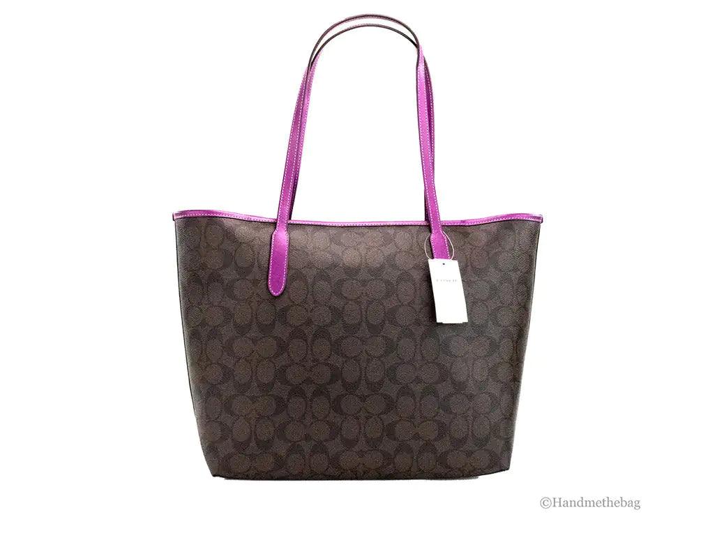 Coach (5696) Graphite Brown Dark Magenta Coated Canvas City Tote Shoulder Bag - Evallys.com # #