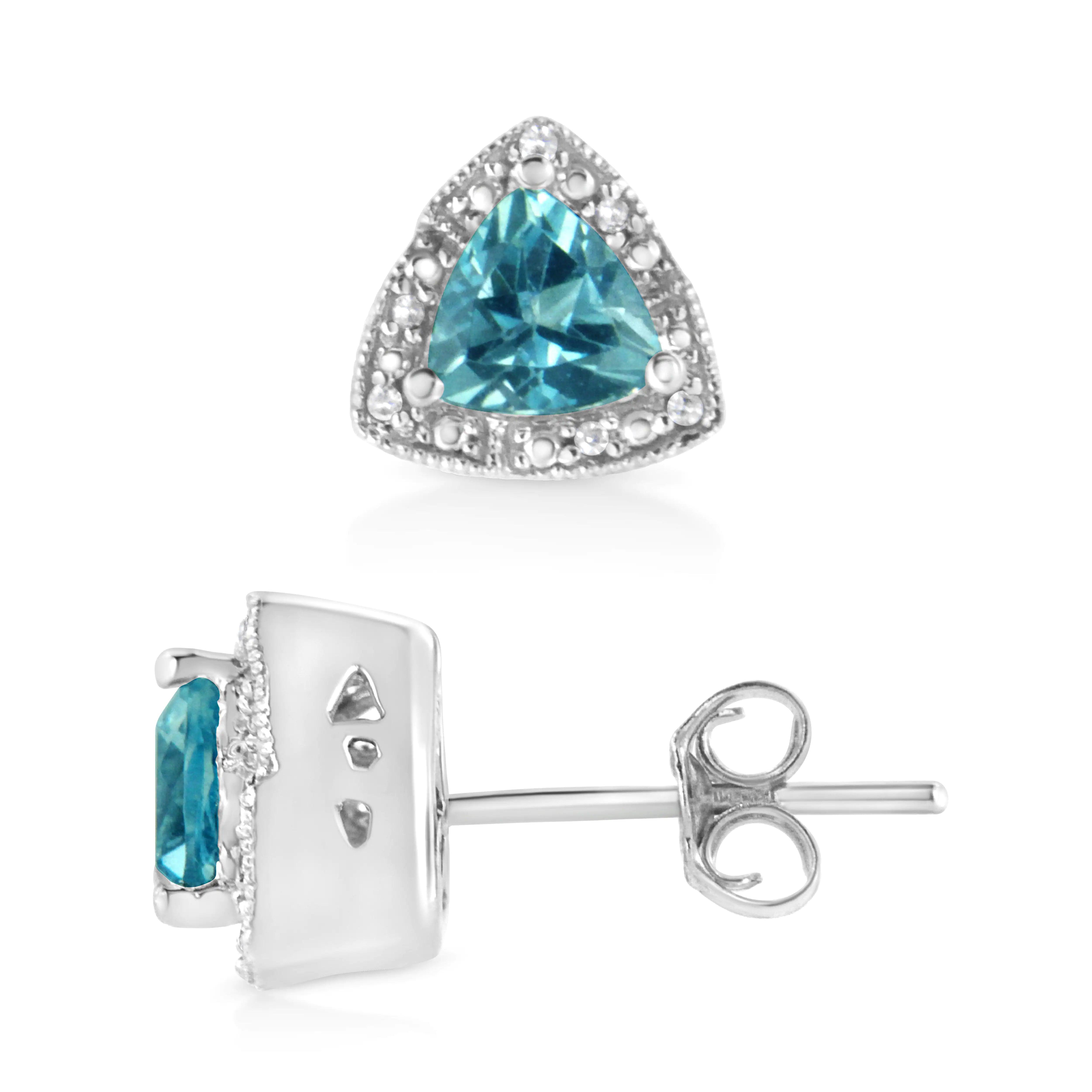 .925 Sterling Silver 6x6 mm Trillion Cut Blue Topaz Gemstone and Diamond Accent Stud Earring (I-J Color, I1-I2 Clarity) - Evallys.com # #