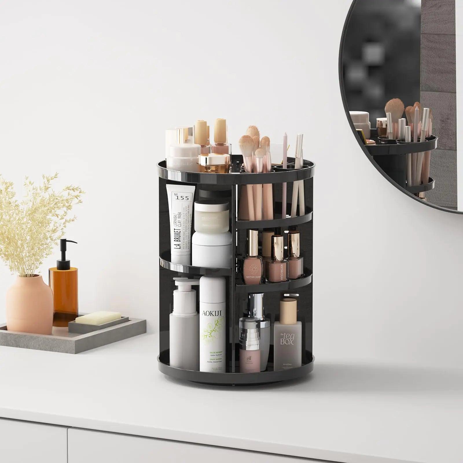 Rotating Makeup Organizer for Vanity, 360 Spinning Skincare Organizers with Adjustable Trays, Make Up Desk Storage Carousel Rack, Cosmetic Display Cases for Dresser Bathroom Countertop Black - Evallys.com # #