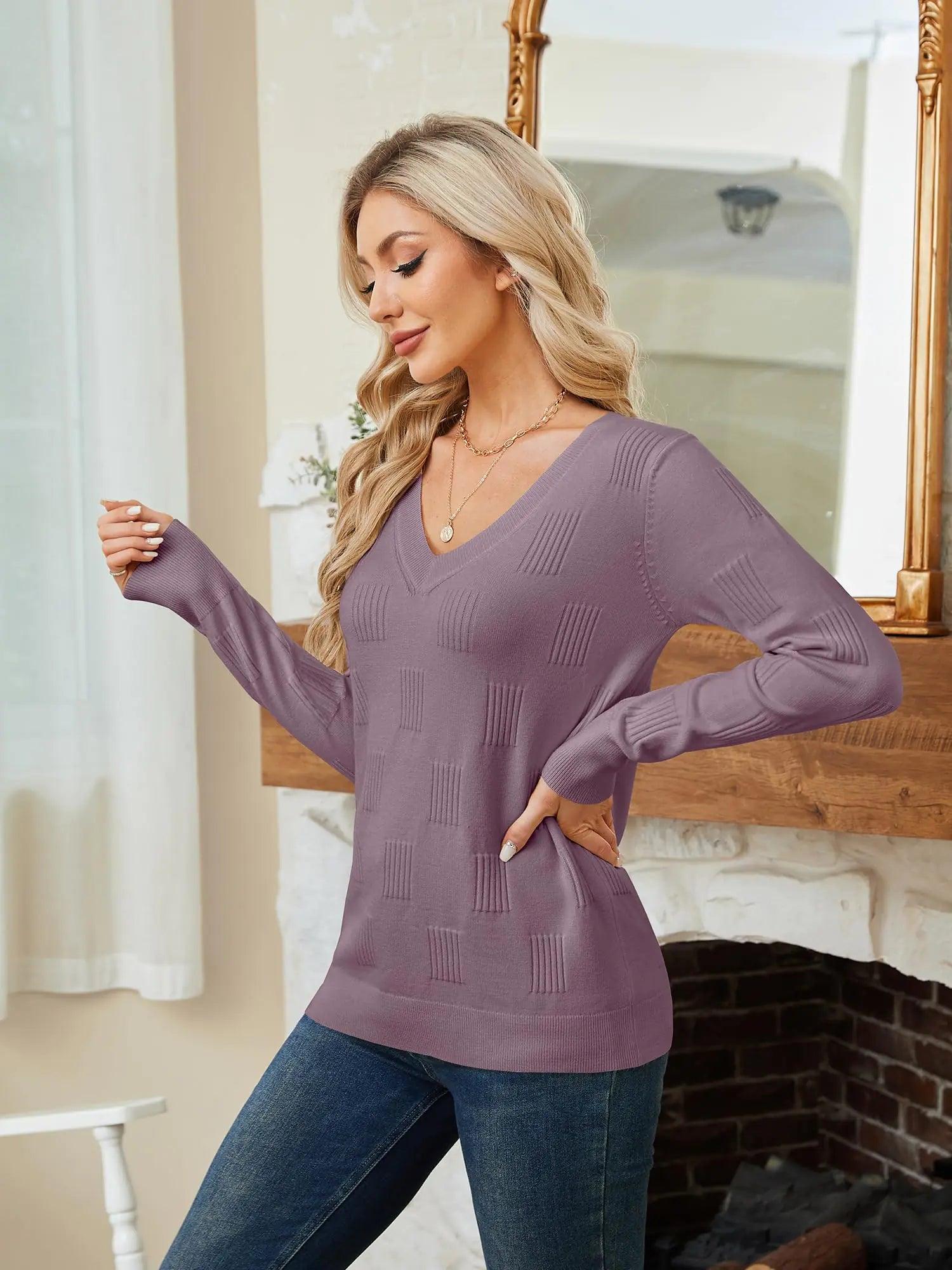 Sweaters for Women Trendy Fall Fashion 2024 Womens Long Sleeve Tops Shirts Blouses V Neck Casual Women's Pullover Sweater Grey Purple Large - Evallys.com # #