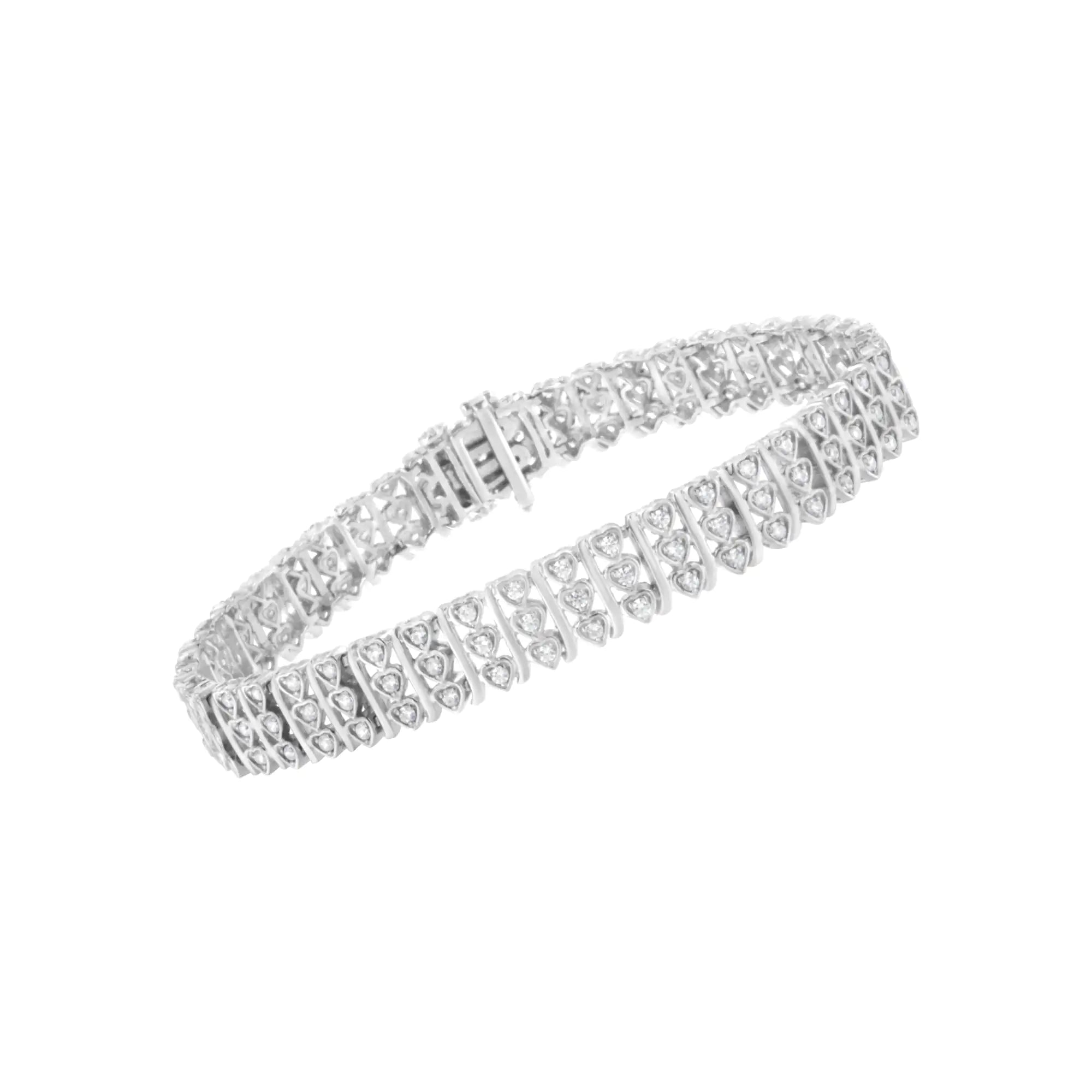 .925 Sterling Silver 1 1/2 cttw Round Diamond 3 Row Heart Link Bracelet (I-J Color,I3 Clarity) - 7.25 " - Evallys.com # #