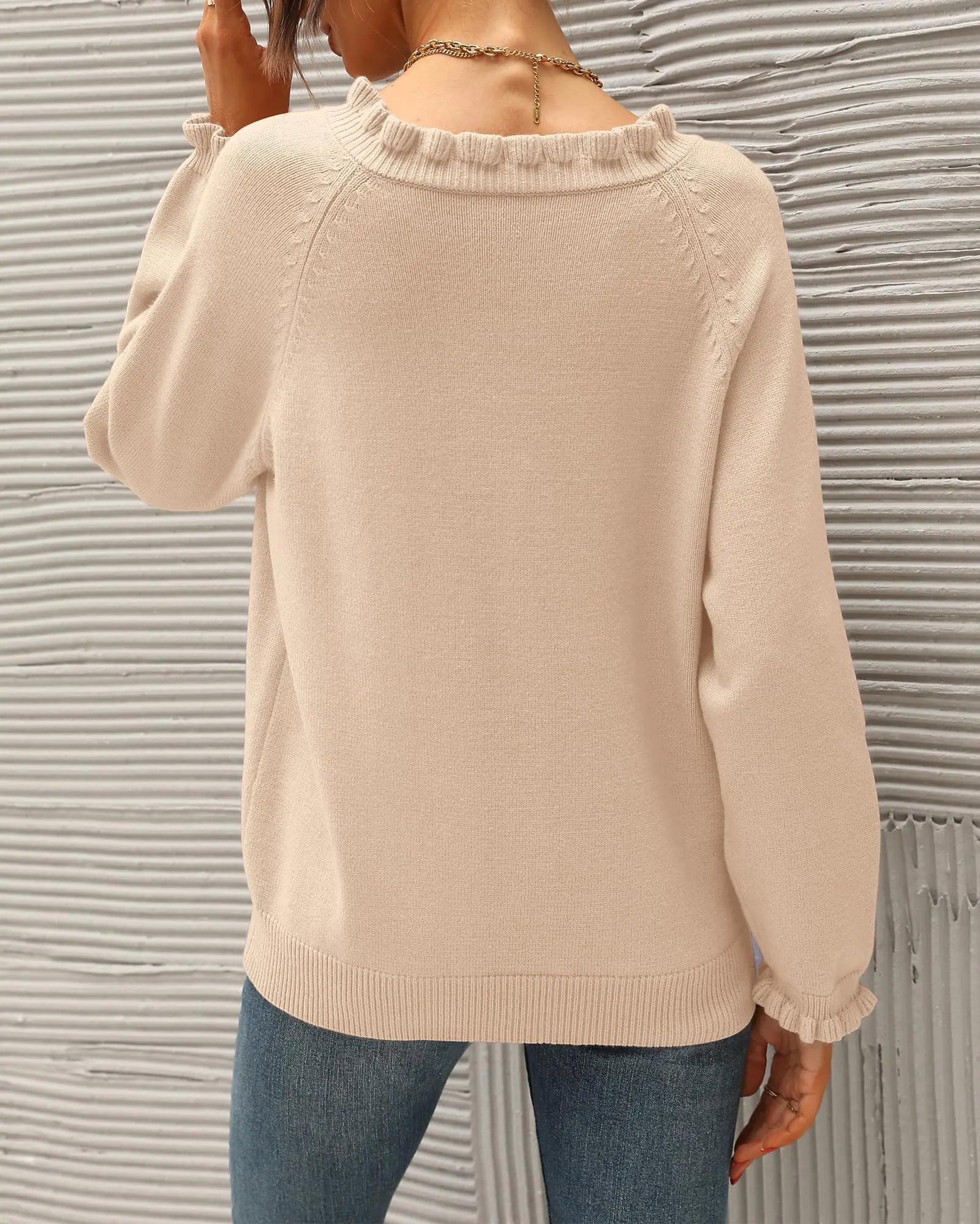 BTFBM 2024 Womens Sweaters Fall Winter Outfits Long Sleeve Button Down Ruffle Crew Neck Casual Knitted Pullover Tops Solid Beige Small - Evallys.com # #