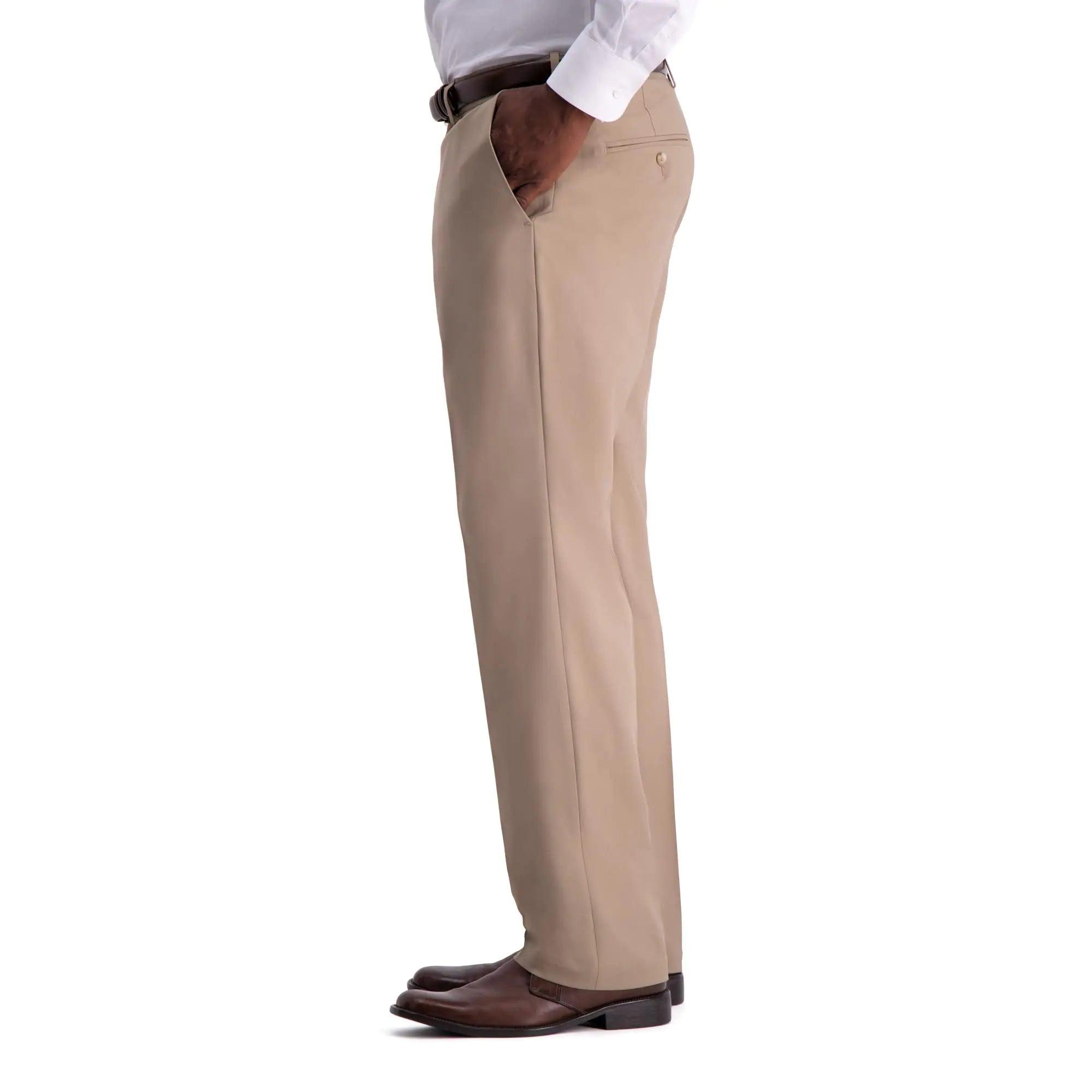 Haggar Men's Premium Comfort Classic Fit Flat Front Hidden Comfort Waistband Pant (Regular and Big & Tall Sizes) 44W x 29L Medium Khaki - Evallys.com # #