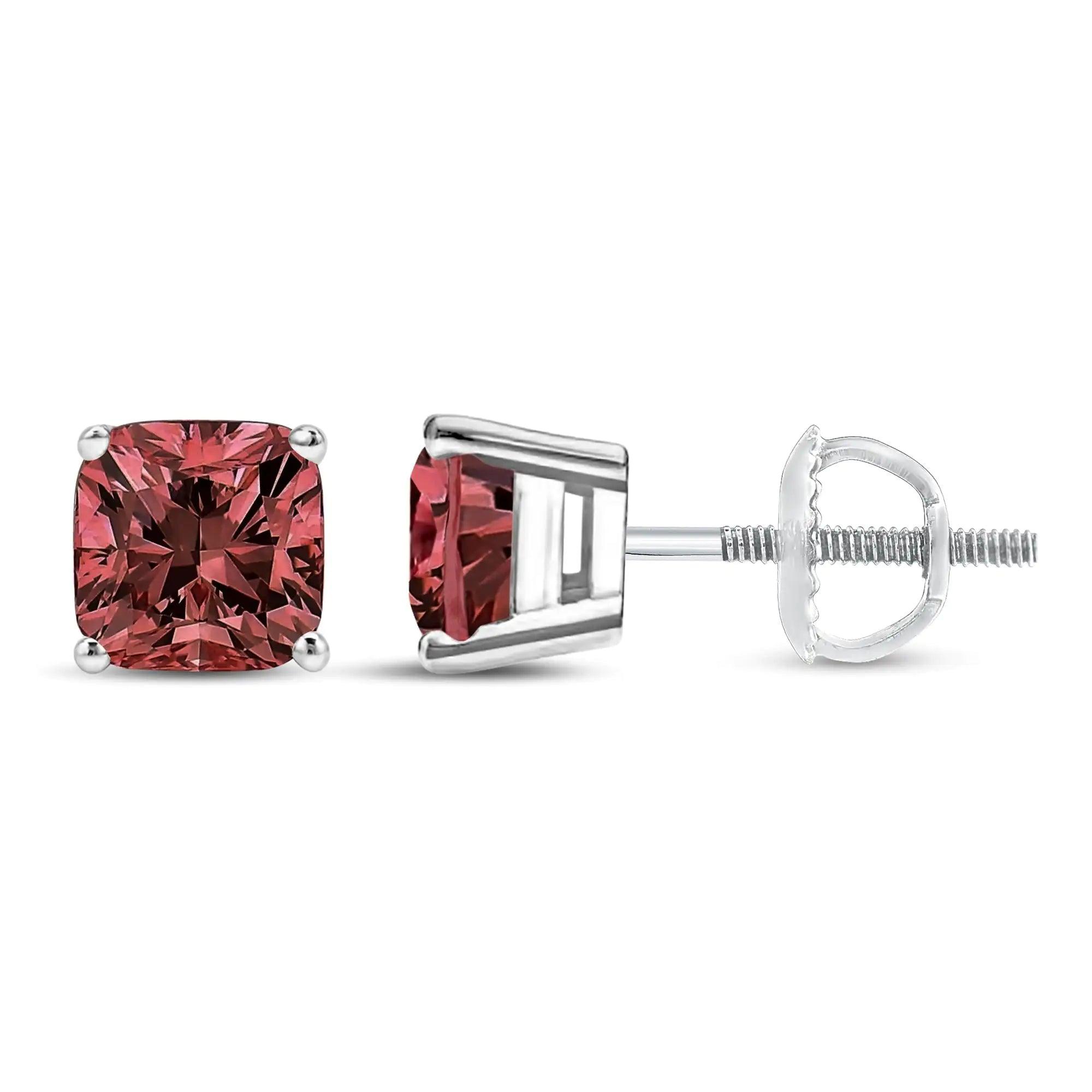 14K White Gold Lab Grown Pink Cushion 4-Prong Set Classic Diamond Solitaire Stud Earrings (Pink Color, VS1-VS2 Clarity) - Evallys.com # #