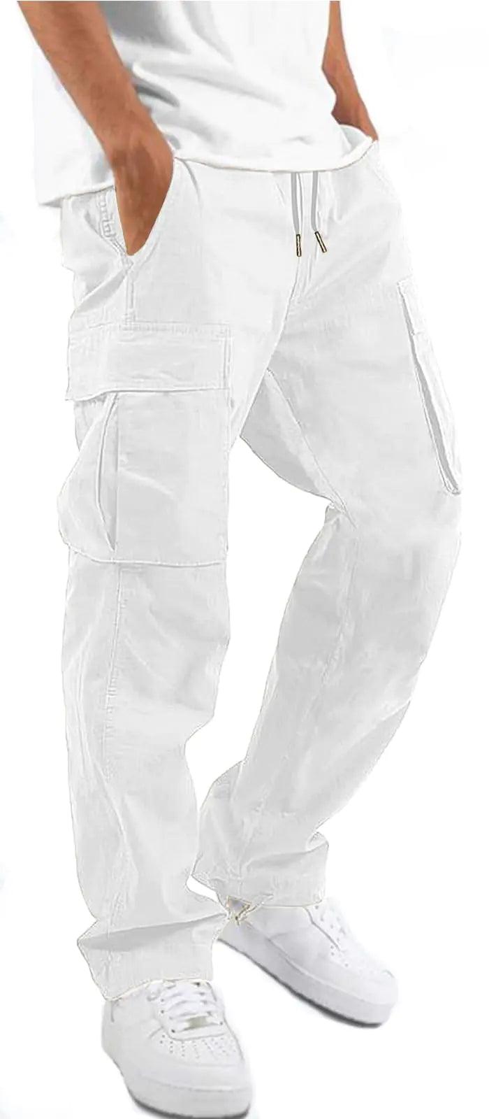 HUNGSON Mens Cargo Pants Casual Hiking Pants Joggers Athletic Pants Cotton Loose Straight Sweatpants for Men 28 White - Evallys.com # #