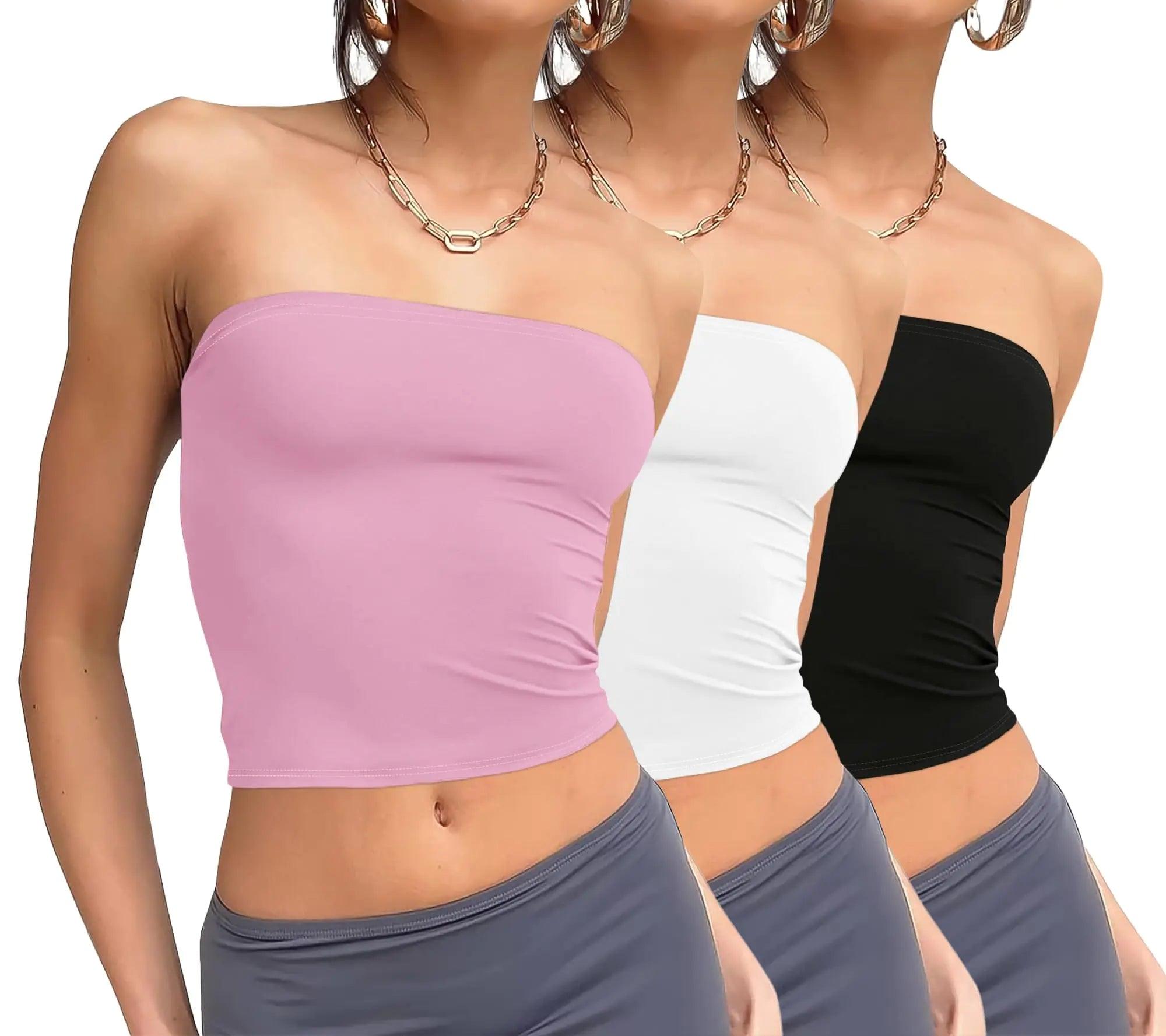 WIHOLL 3 Pack Tube Tops for Women Slim Fit Crop Tops Going Out Strapless Tank Tops Bandeau Summer Outfits 2024 Y2K Clothes 3 Pack Black/White/Pink Small - Evallys.com # #