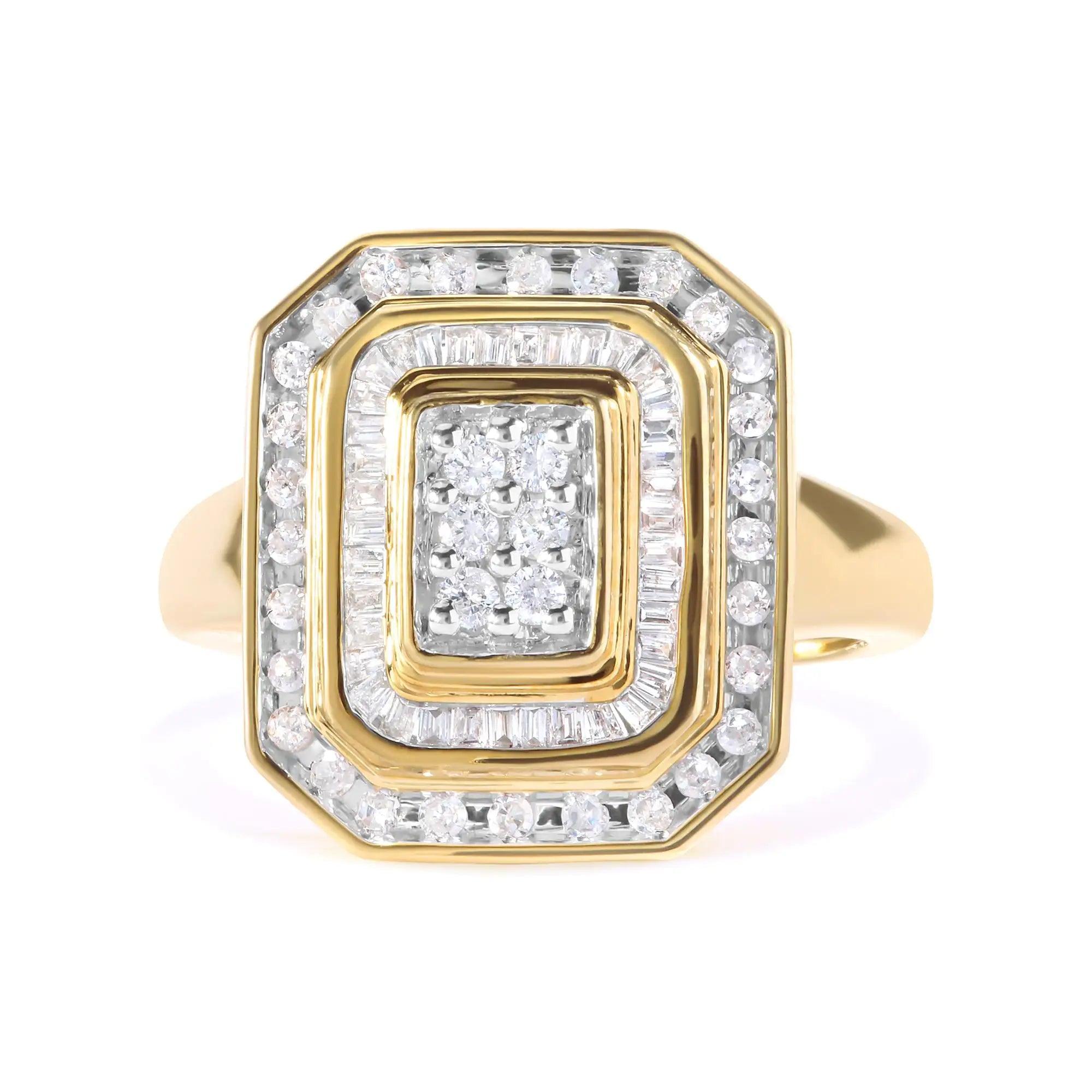 10K Yellow Gold Plated .925 Sterling Silver 1/2 Cttw Round & Baguette Diamond Ring (I-J Color, I2-I3 Clarity) - Evallys.com # #