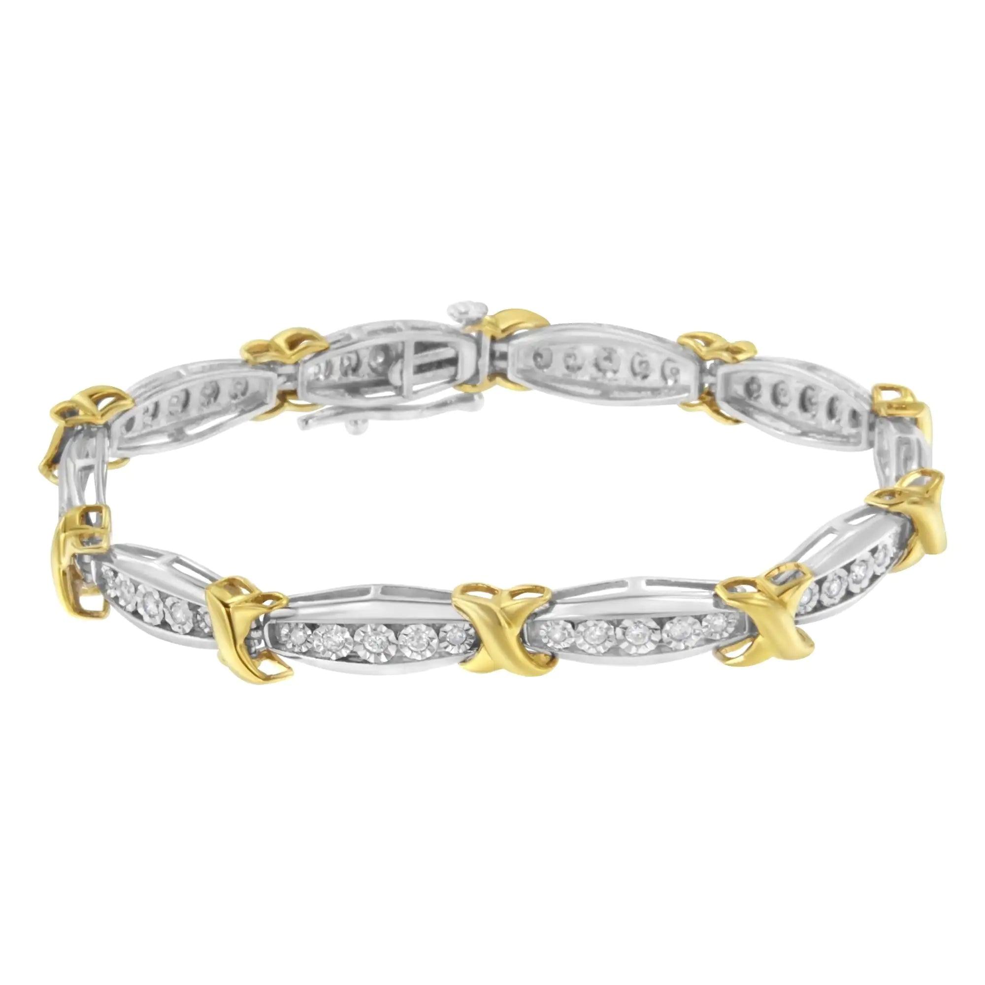 10K Yellow Gold Plated .925 Sterling Silver Two Tone 3/4 CttwDiamond X & O Link Tennis Bracelet (H-I Color, I1-I2 Clarity) - 7” - Evallys.com # #