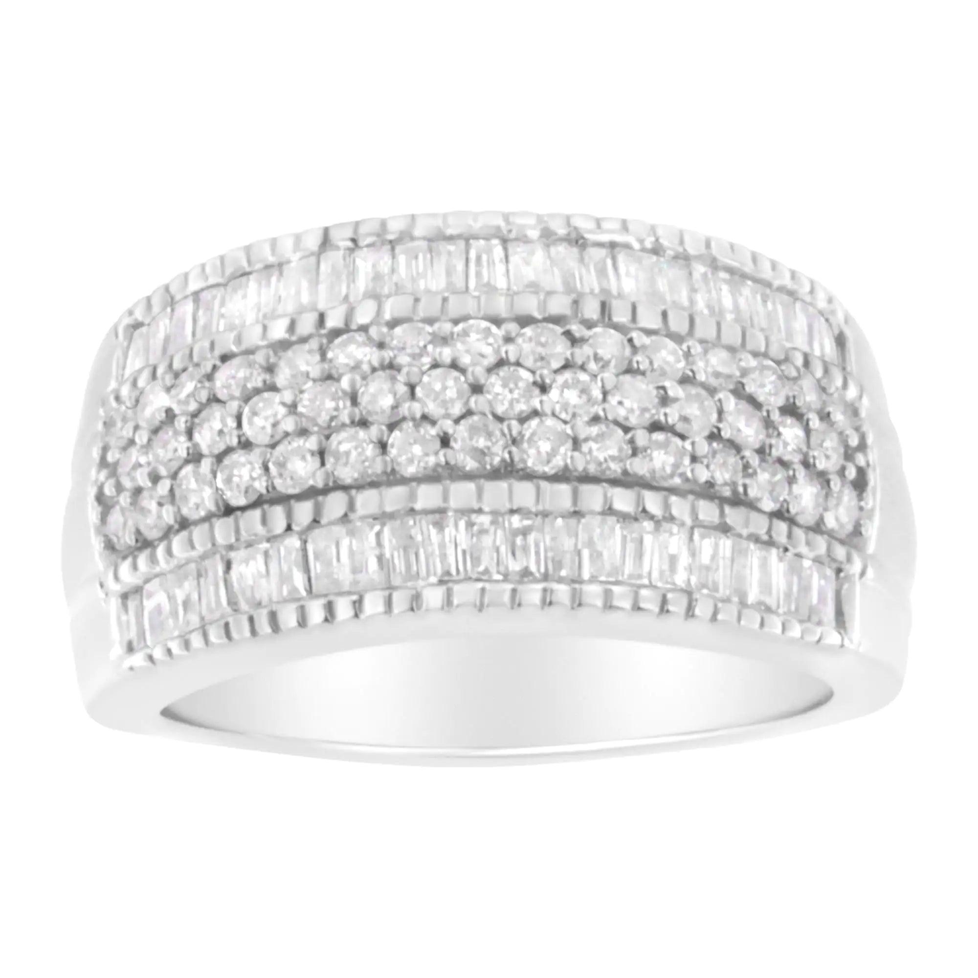 .925 Sterling Silver 1cttw Multi-Row Round and Baguette-Cut Diamond Modern Band Ring (I2-I3 Clarity, H-I Color) - Evallys.com # #