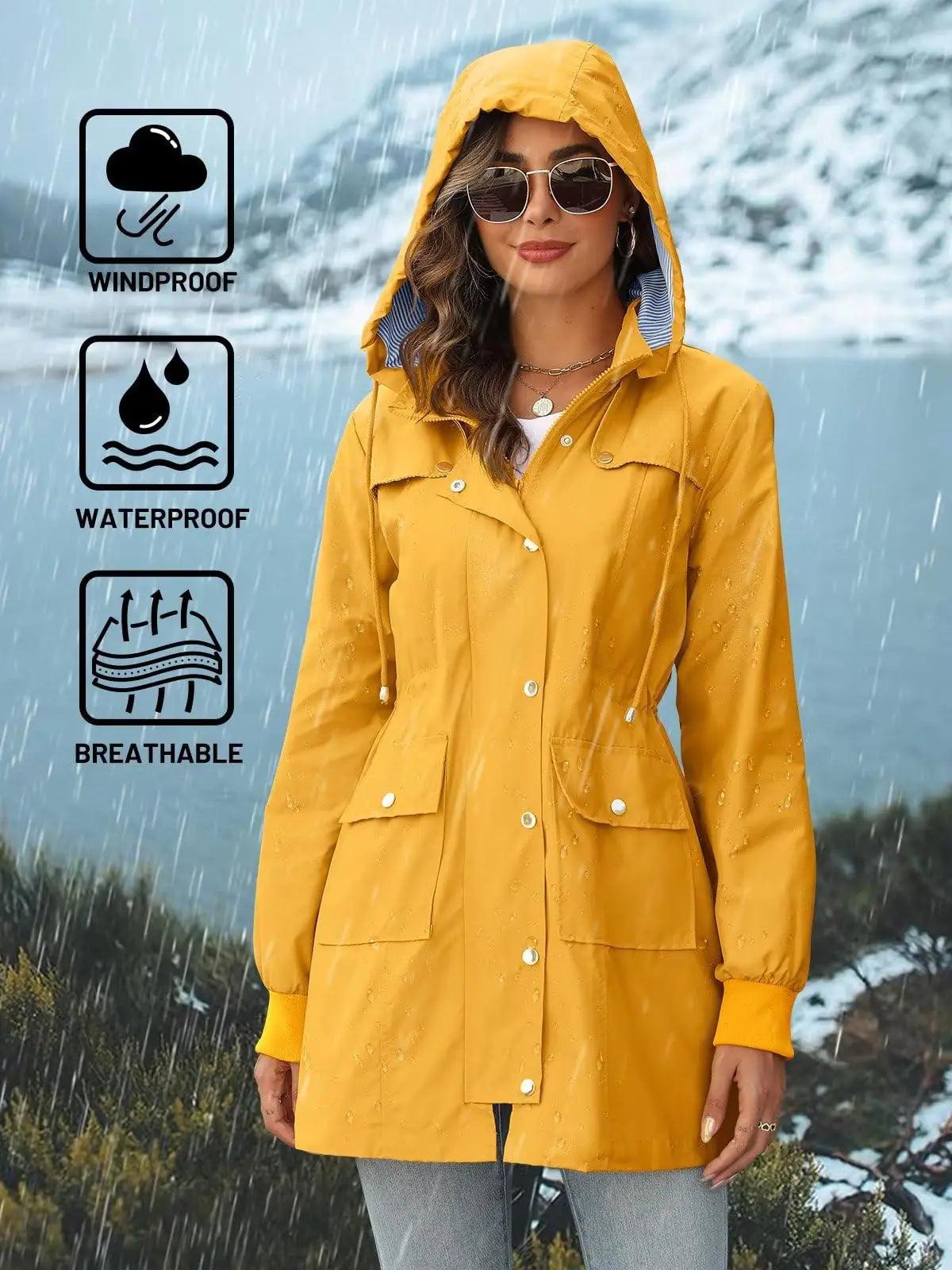 PITINAN Rain Jackets For Women Waterproof Rain Coats with Hood Lightweight Windbreaker Outdoor Trench Coat Medium Yellow - Evallys.com # #