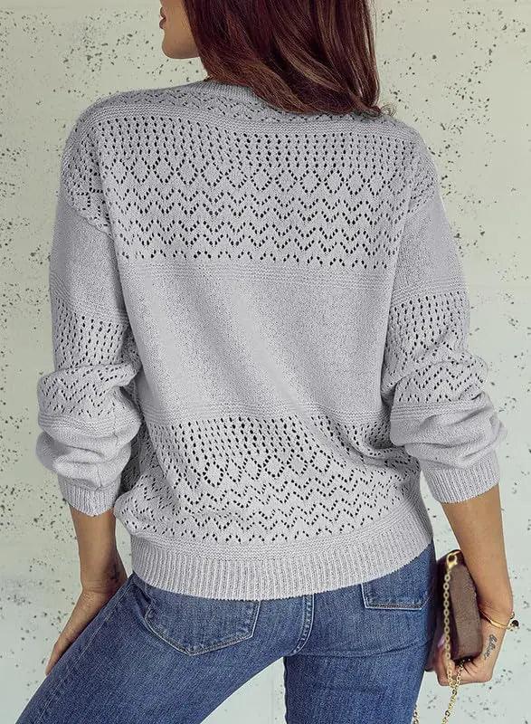 SHEWIN Womens Sweaters Casual Long Sleeve V Neck Lightweight Crochet Pullover Sweater Tops Large A Gray - Evallys.com # #