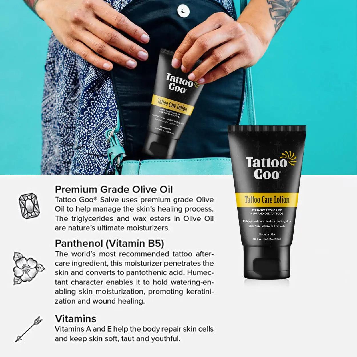 Tattoo Goo Aftercare Kit Includes Antimicrobial Soap, Balm, and Lotion, Tattoo Care for Color Enhancement + Quick Healing - Vegan, Cruelty-Free, Petroleum-Free (3 Piece Set) - Evallys.com # #