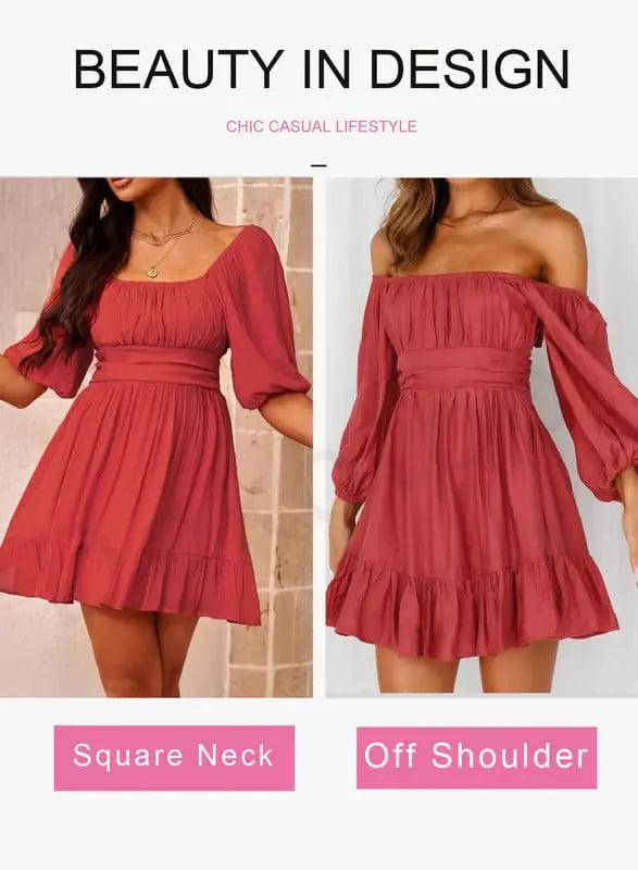 Dokotoo Womens Summer Dresses Square Neck Tie Back Lantern Sleeve Ruffle A-Line Casual Dress XX-Large 4 Red - Evallys.com # #