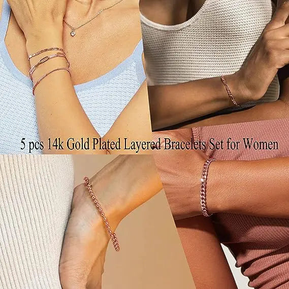 Dainty Gold Chain Bracelets Set for Women 14K Real Gold Plated Link Chain Bracelets for Women Trendy Gold Stackable Cuff Bracelets for Jewelry Gifts Women Adjustable 7"+2" Rose Gold - Evallys.com # #