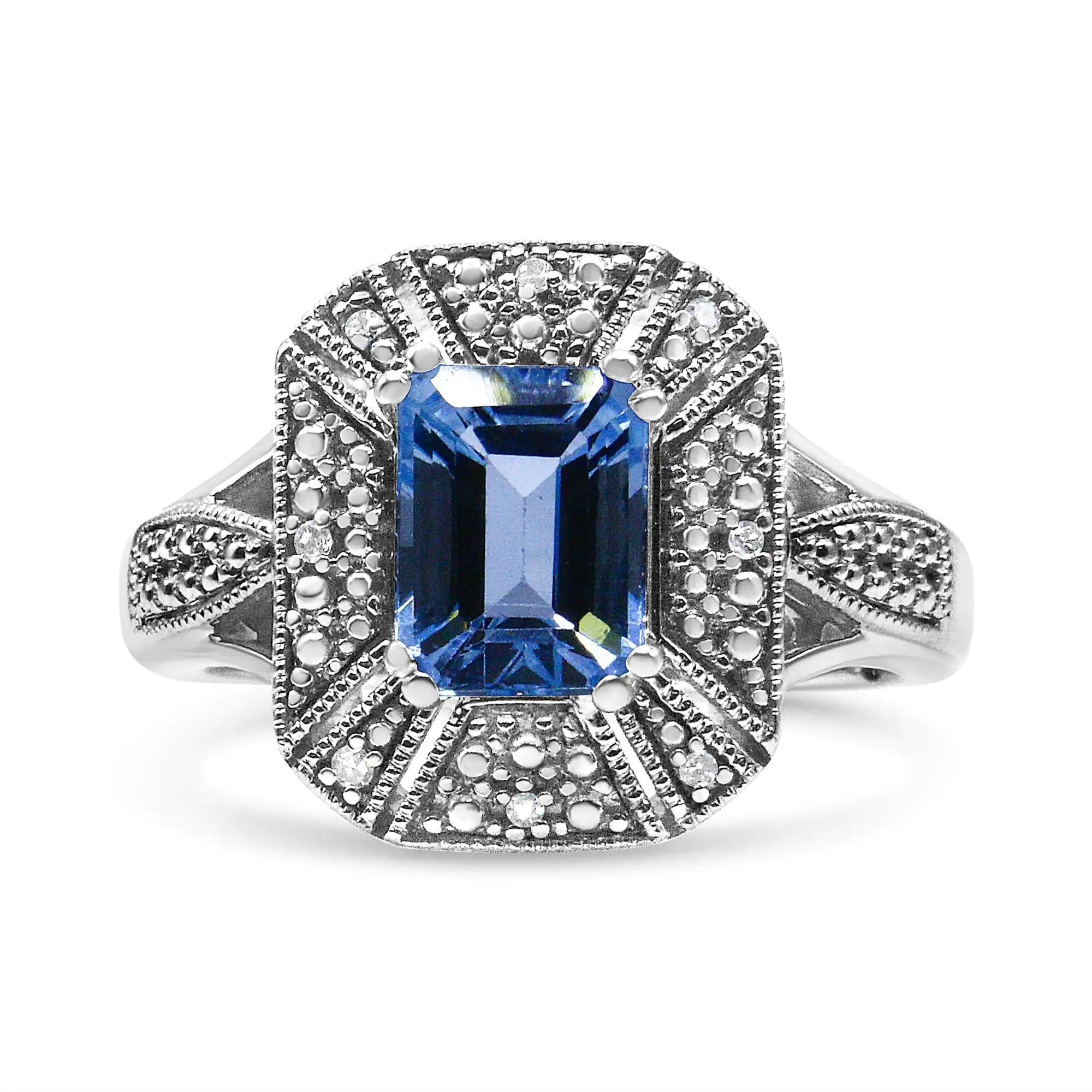 .925 Sterling Silver Diamond Accent and 8X6 mm Emerald-Shape Blue Topaz Ring (I-J Color, I2-I3 Clarity) - Evallys.com # #