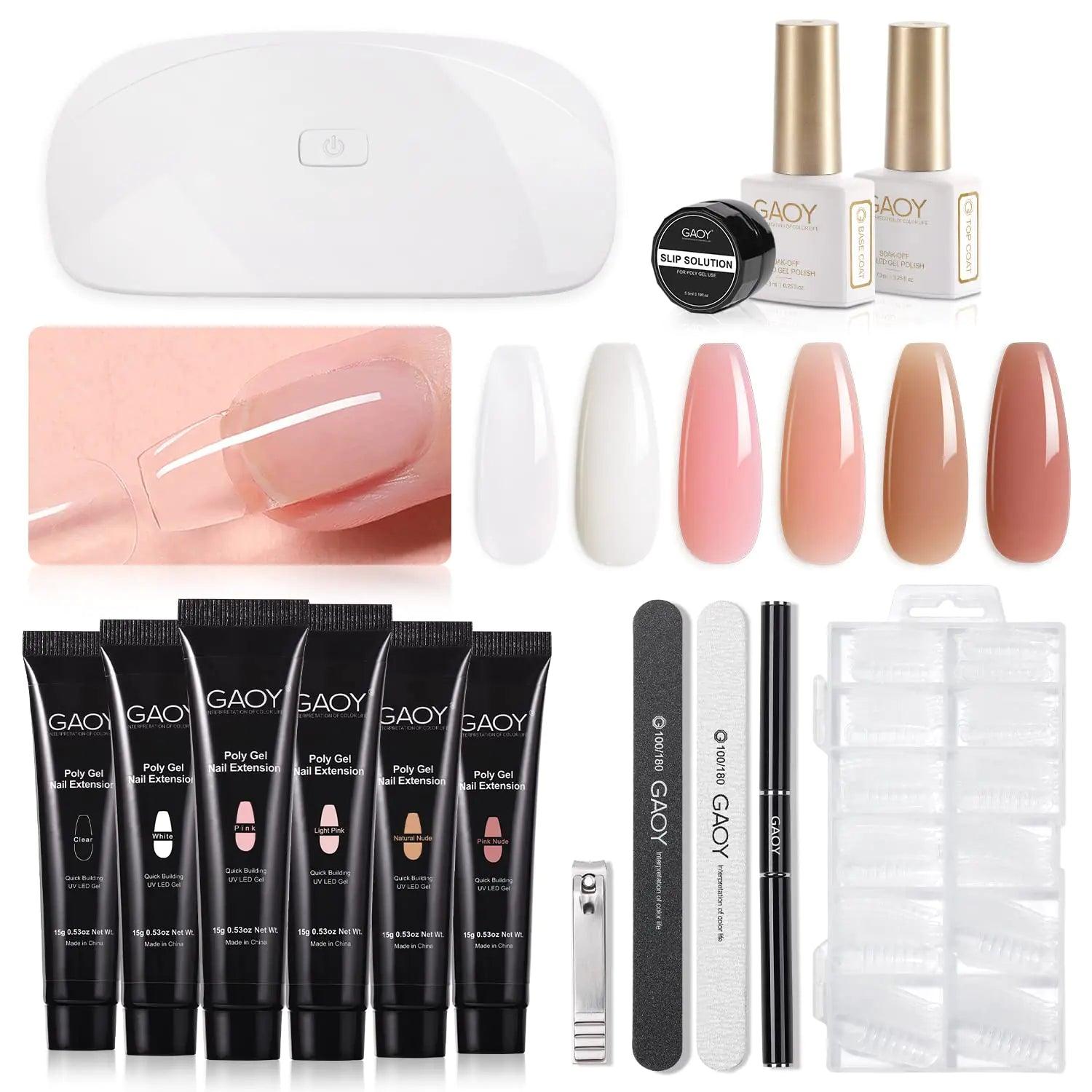 GAOY Poly Gel Nail Kit with U V Light Starter Kit, 6 Colors Nude Pink Black Builder Gel Nail Extension Kit for Beginners with Everything Nail Art DIY at Home Set C - Evallys.com # #