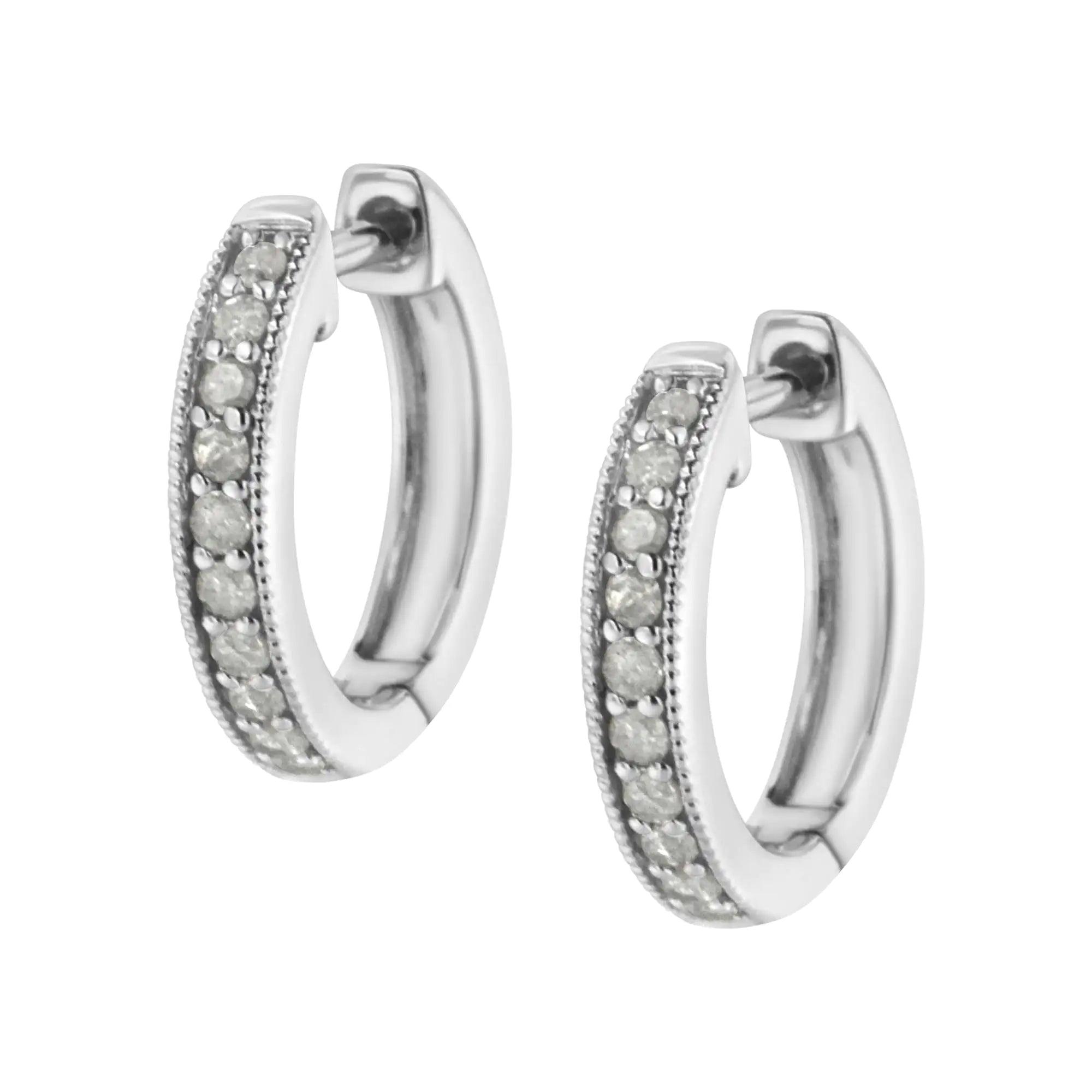 10K White Gold 1/4 cttw Shared Prong Set Round-Cut Diamond Beaded Hoop Earrings (I-J Color, I3 Clarity) - Evallys.com # #