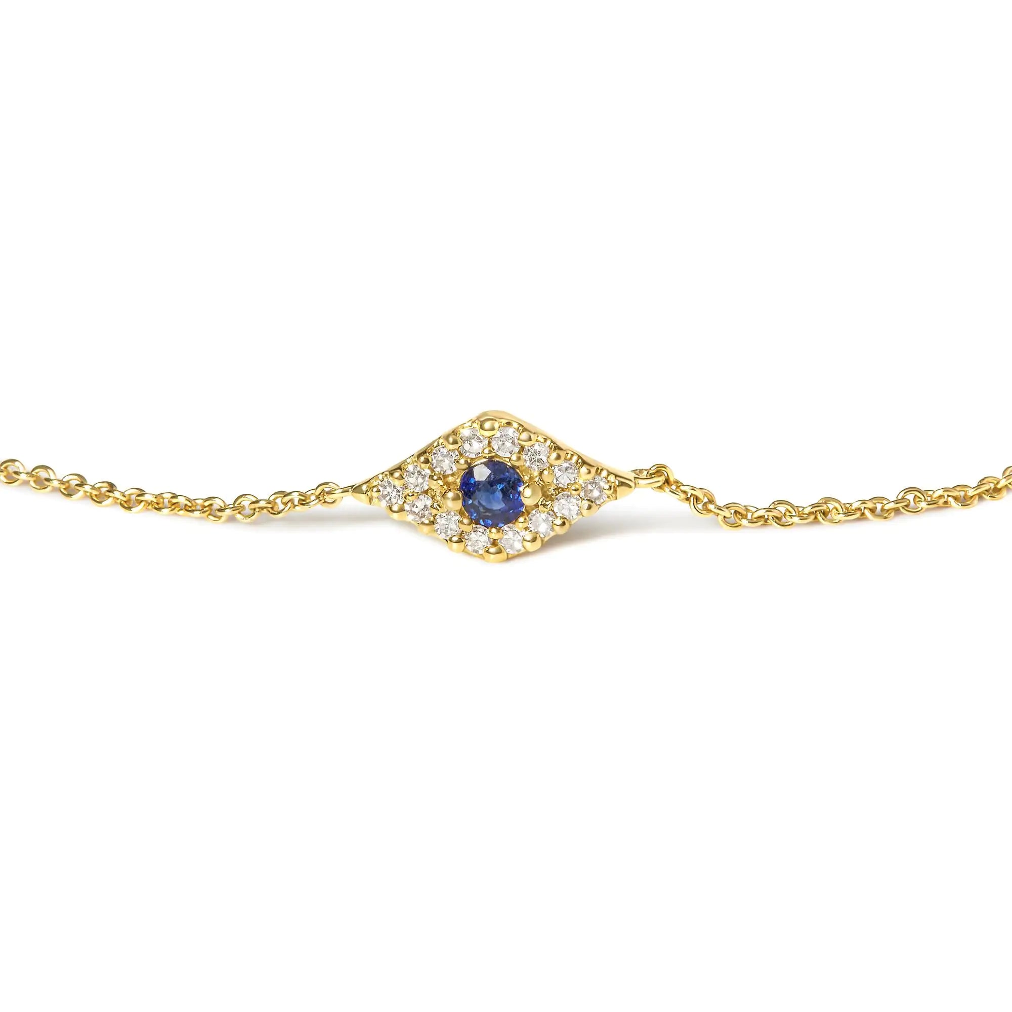 10K Yellow Gold Blue Sapphire and Diamond Accent Evil Eye Station Link Bracelet  (H-I Color, I1-I2 Clarity) - Size 7" - Evallys.com # #