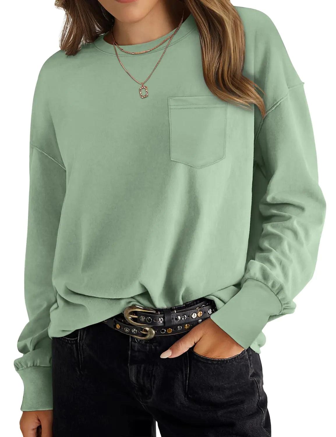 WIHOLL Womens Long Sleeve Shirts Fall Tops Casual Crewneck Loose with Pocket Trendy Clothes Balmy Green Small - Evallys.com # #