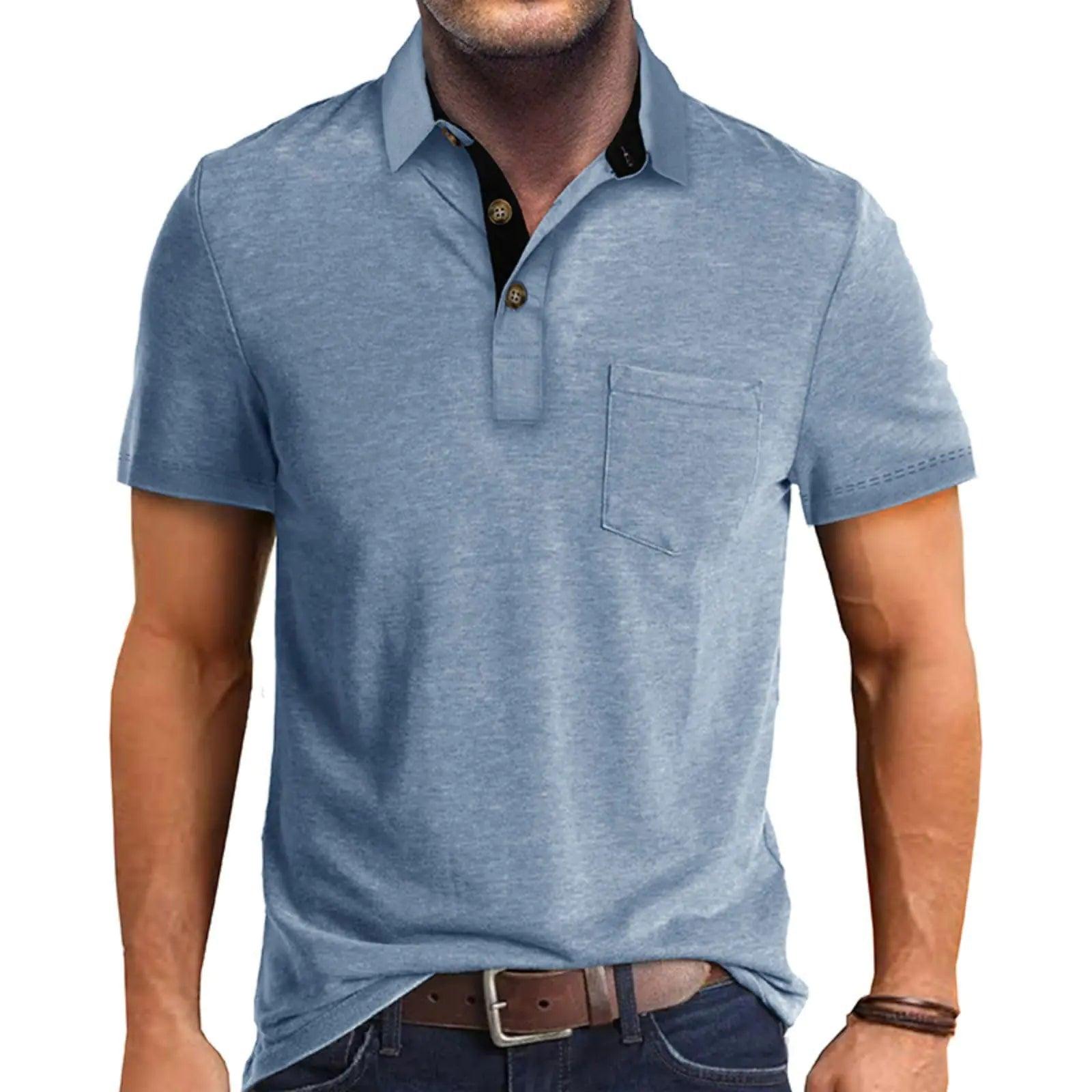 Men's Casual Polo Shirts Classic Button Basic Short Sleeve Shirt Solid Color Cotton Tees Golf Stylish Tops Medium Blue-ss - Evallys.com # #