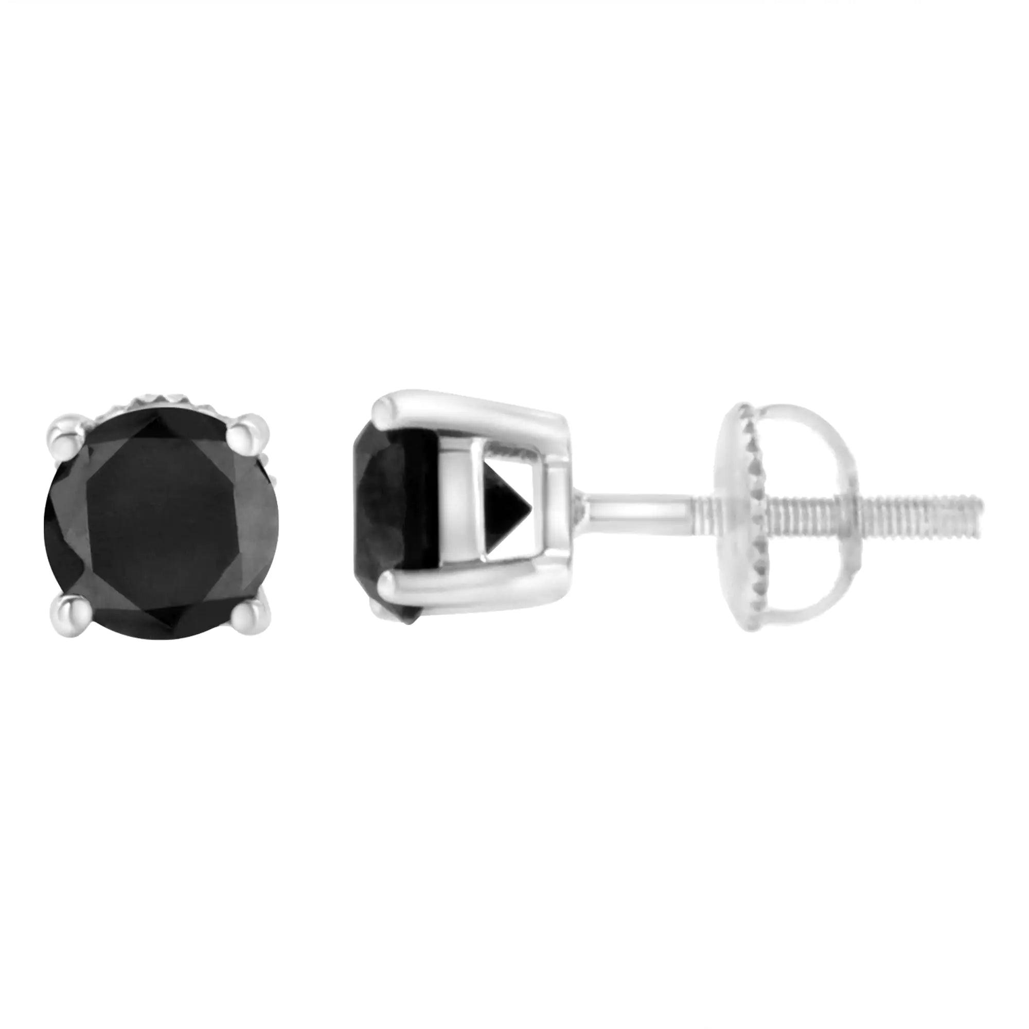 14K White Gold Round Brilliant-Cut Black Diamond Classic 4-Prong Stud Earrings with Screw Backs (Fancy Color-Enhanced, I2-I3 Clarity) - Evallys.com # #