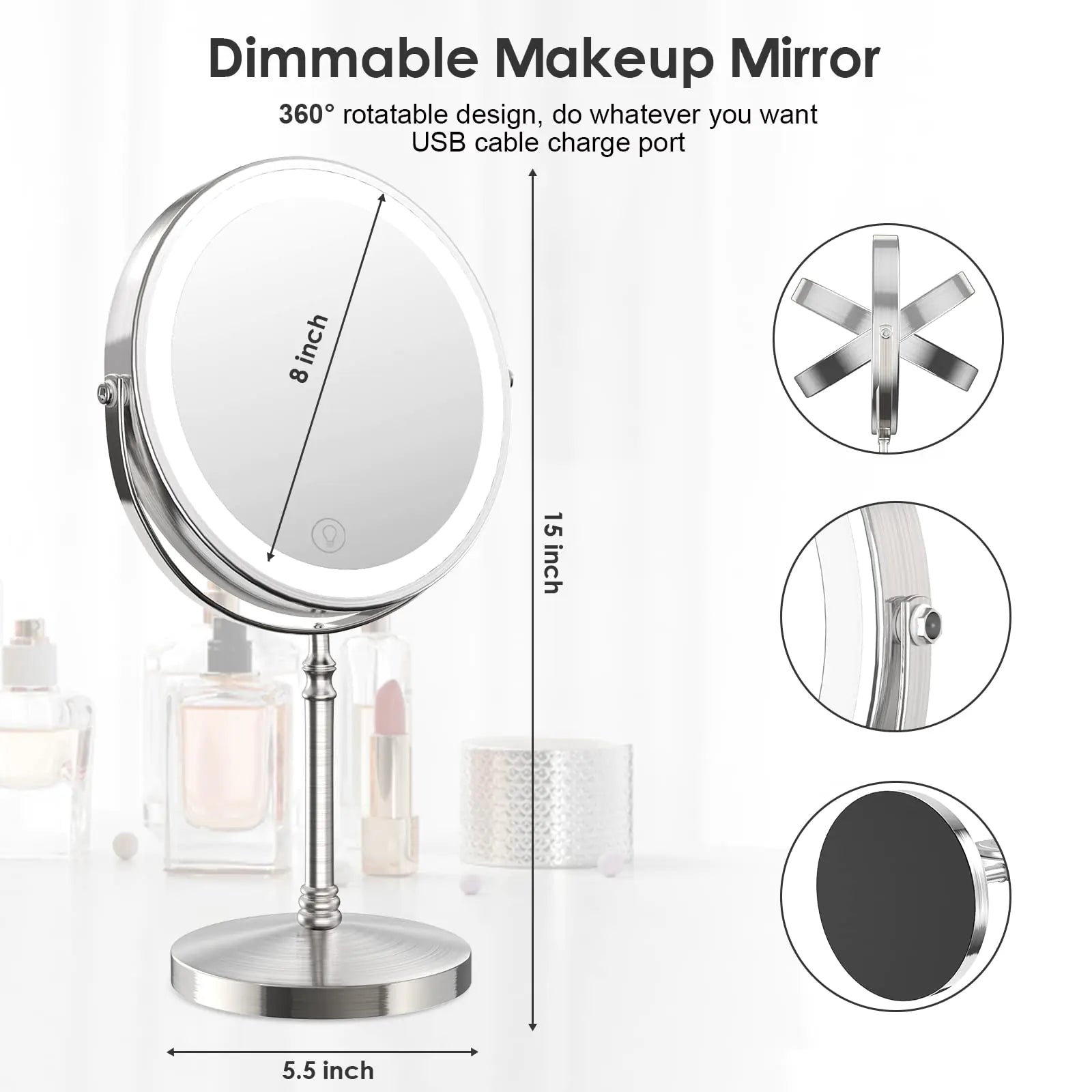 Lighted Makeup Mirror, 8" Rechargeable Double Sided Magnifying Mirror with 3 Colors, 1x/10x 360° Rotation Touch Screen Vanity Mirror, Brightness Adjustable Magnification Cosmetic Light up Mirror Nickel - Evallys.com # #