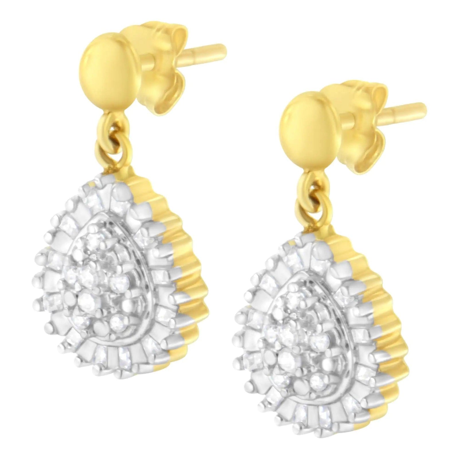 10K Yellow Gold 1/4 Cttw Round and Baguette-Cut Diamond Cluster Drop and Dangle Stud Earrings (I-J Color, I2-I3 Clarity) - Evallys.com # #