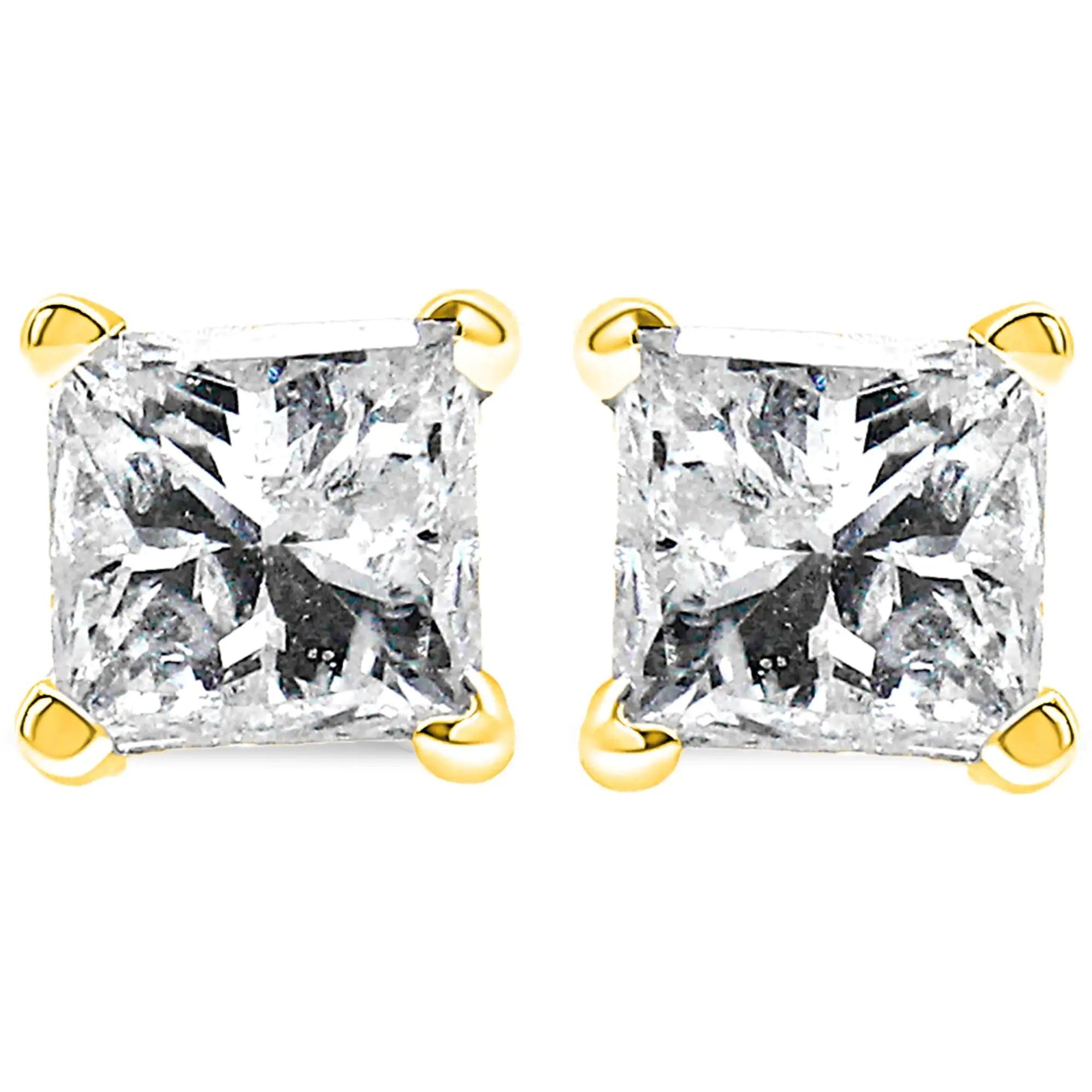 10K Yellow Gold 3/4 Cttw Princess-Cut Square Near Colorless Diamond Classic 4-Prong Solitaire Stud Earrings (J-K Color, I2-I3 Clarity) - Evallys.com # #