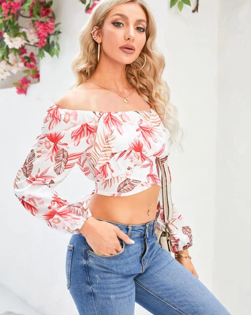 MIRACMODA Woman Off Shoulder Ruched Tie Back Crop Top Summer Lantern Sleeve Boho Shirt Blouse Large Leaves - Evallys.com # #