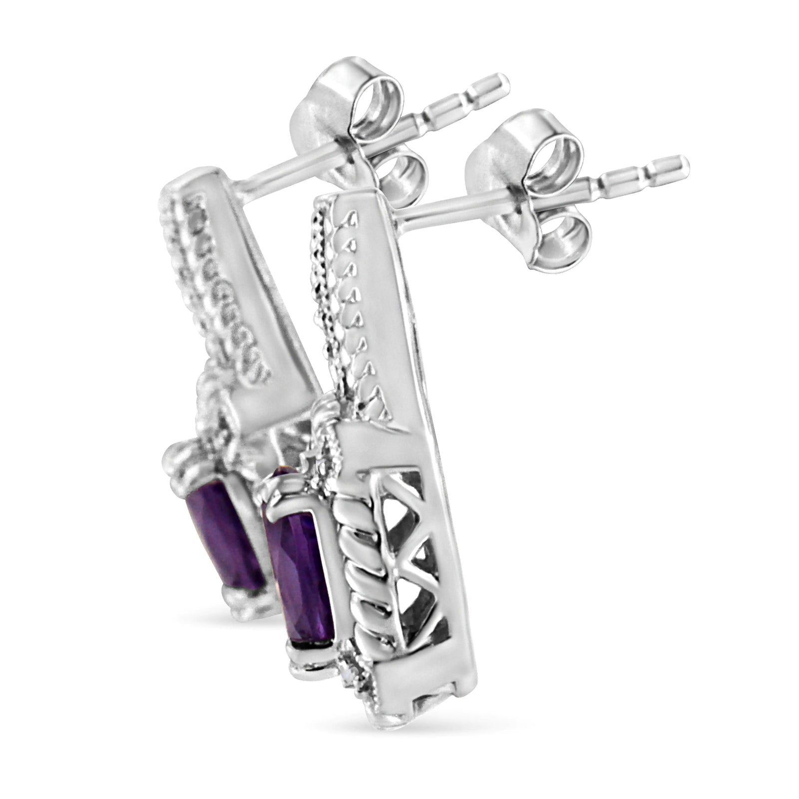 .925 Sterling Silver 8x6 MM Natural Oval Purple Amethyst Gemstone and Diamond Accent Art Deco Style Drop and Dangle Earrings (I-J Color, I1-I2 Clarity) - Evallys.com # #