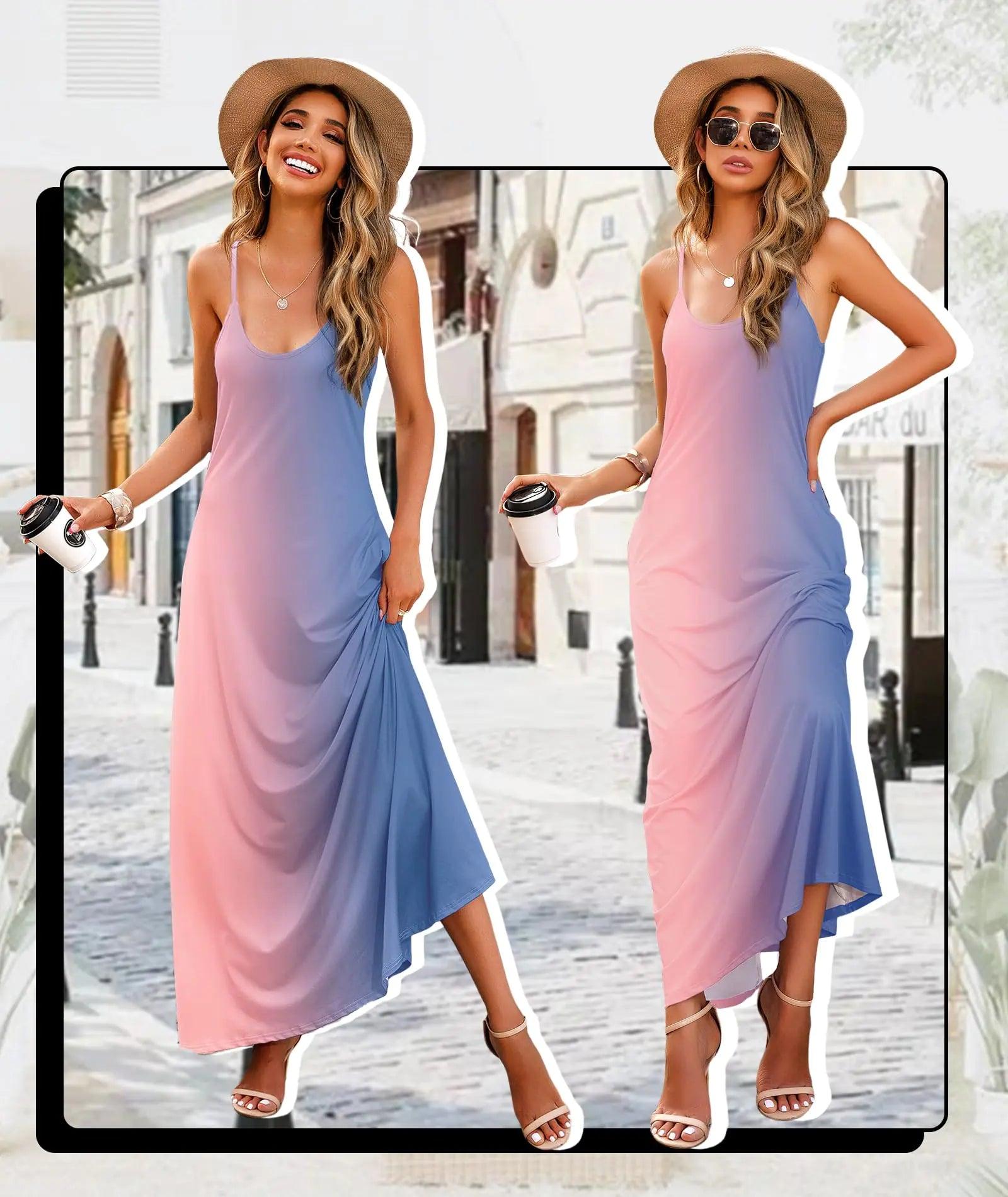 Wolddress Womens 2024 Casual Sleeveless Sundress Plus Size Loose Plain Long Summer Beach Maxi Dress with Pockets S-5X Large Gradient-babyblue Pink - Evallys.com