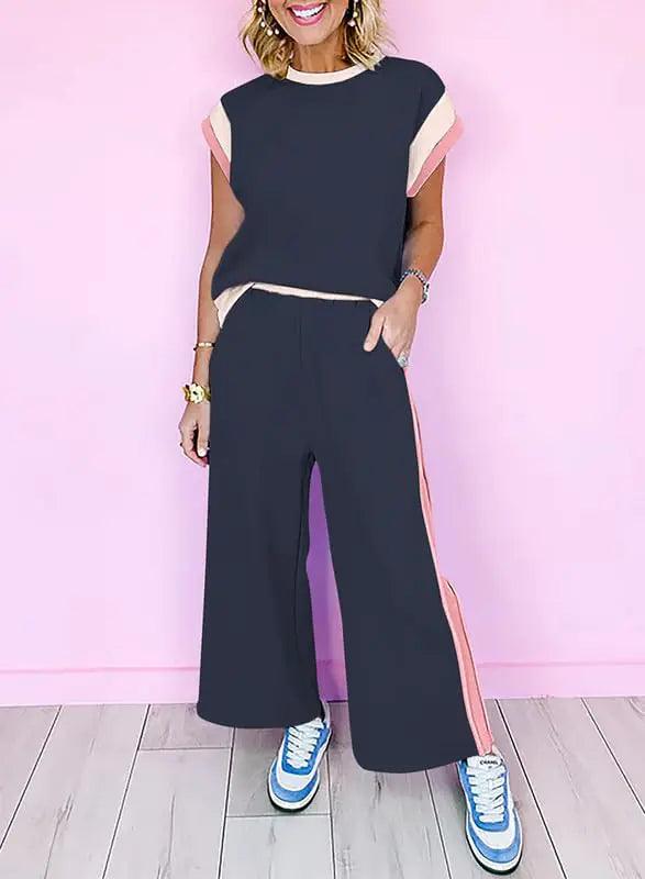 SHEWIN Women's 2 Piece Lounge Sets Casual Short Sleeve Pullover Tops Matching Wide Leg Pants Tracksuit Set XX-Large B Navy Blue - Evallys.com # #