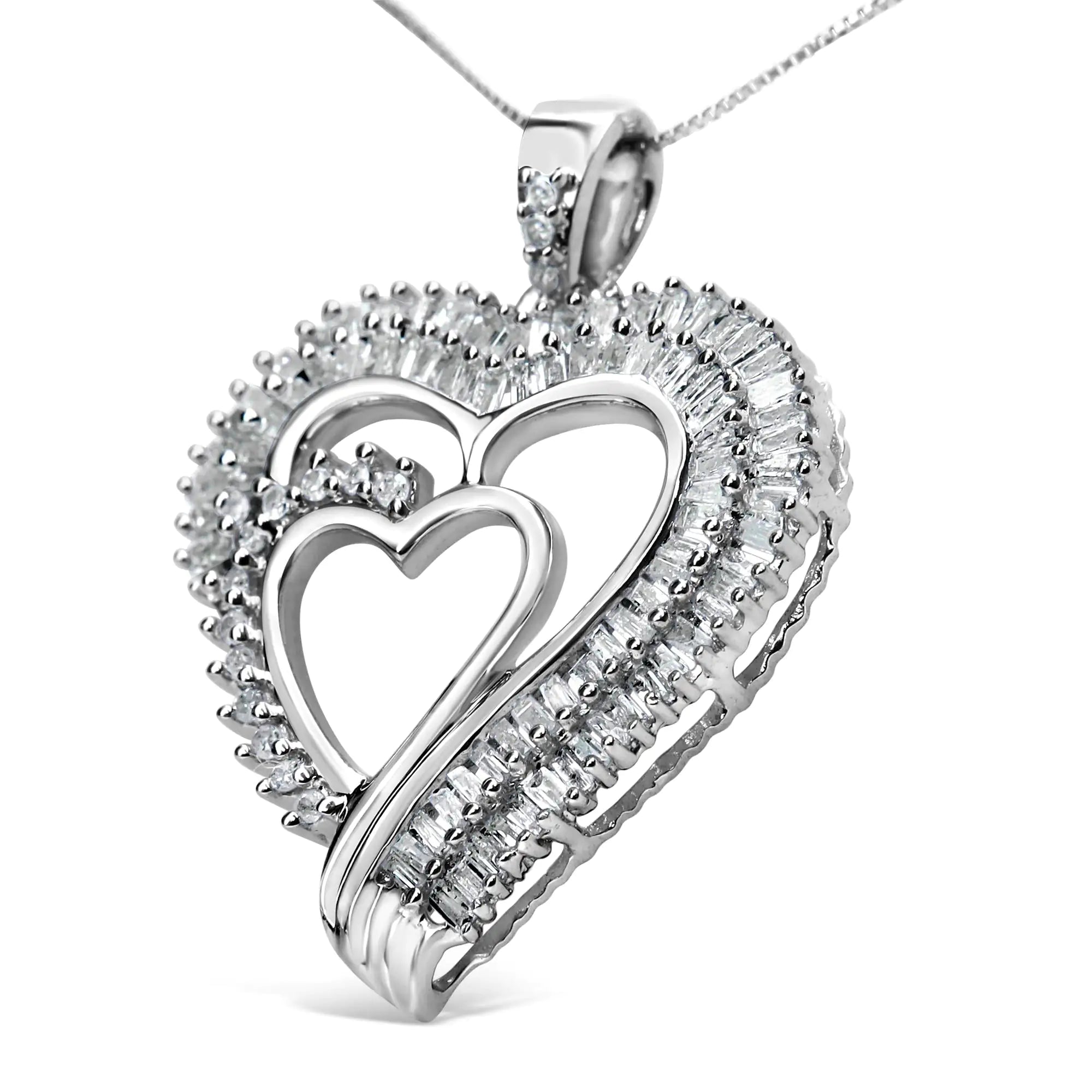 .925 Sterling Silver 3/4 Cttw Round and Baguette Diamond Double Heart Pendant 18" Necklace (I-J Color, I3 Clarity) - Evallys.com # #