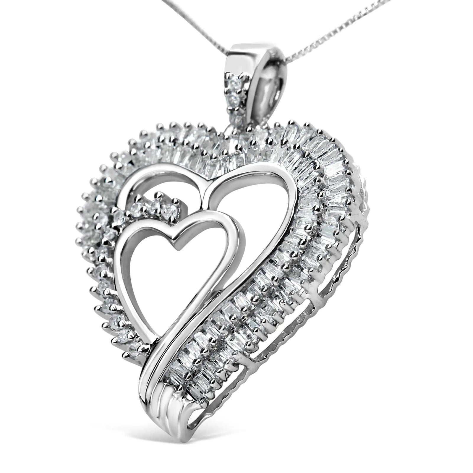 .925 Sterling Silver 3/4 Cttw Round and Baguette Diamond Double Heart Pendant 18