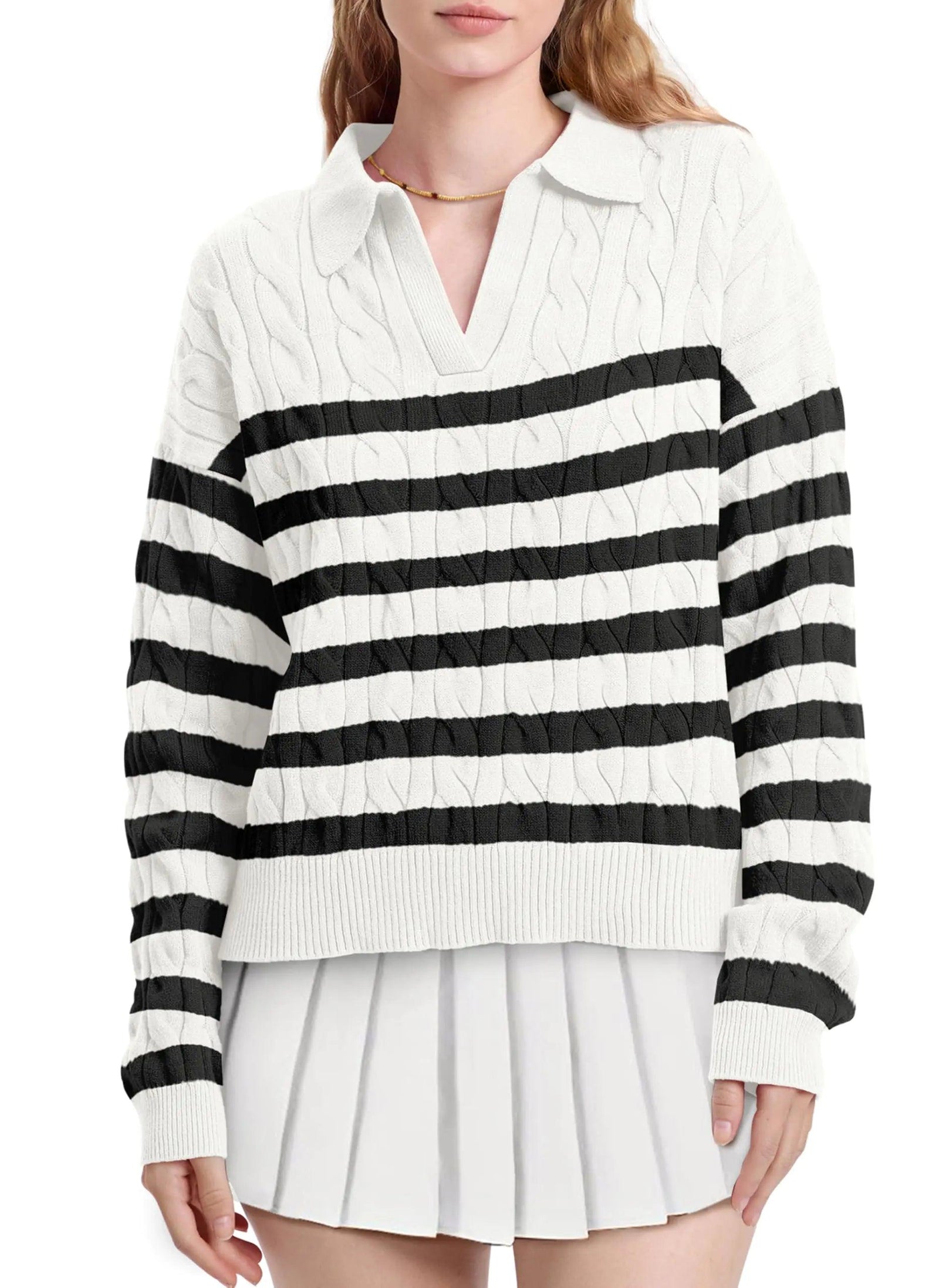 WIHOLL Long Sleeve Sweaters for Women 2024 Fall Winter Outfits Fashion Polo V Neck Clothes Tops 2-black Stripe XX-Large - Evallys.com # #