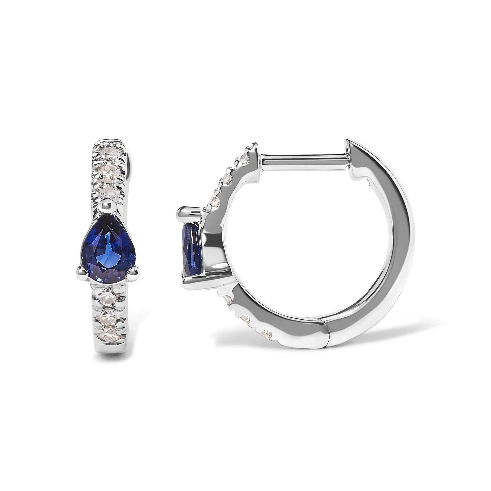 10K White Gold Pear Shaped Blue Sapphire and 1/10 Cttw Diamond Huggy Hoop Earrings (H-I Color, I1-I2 Clarity) - Evallys.com # #