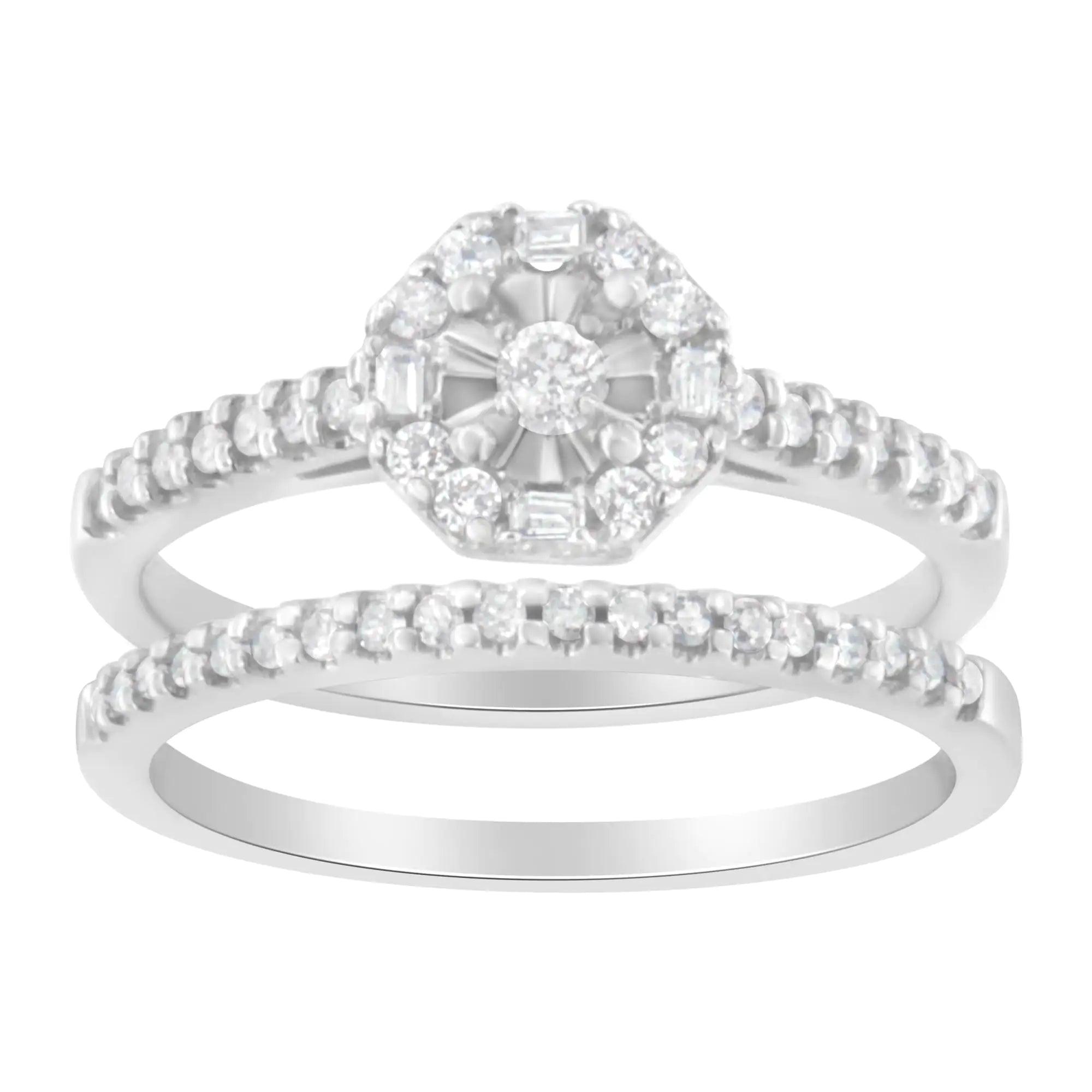 10K White Gold Diamond Engagement Ring and Wedding Band Set (3/8 Cttw, I-J Color, I2-I3 Clarity) - Evallys.com # #