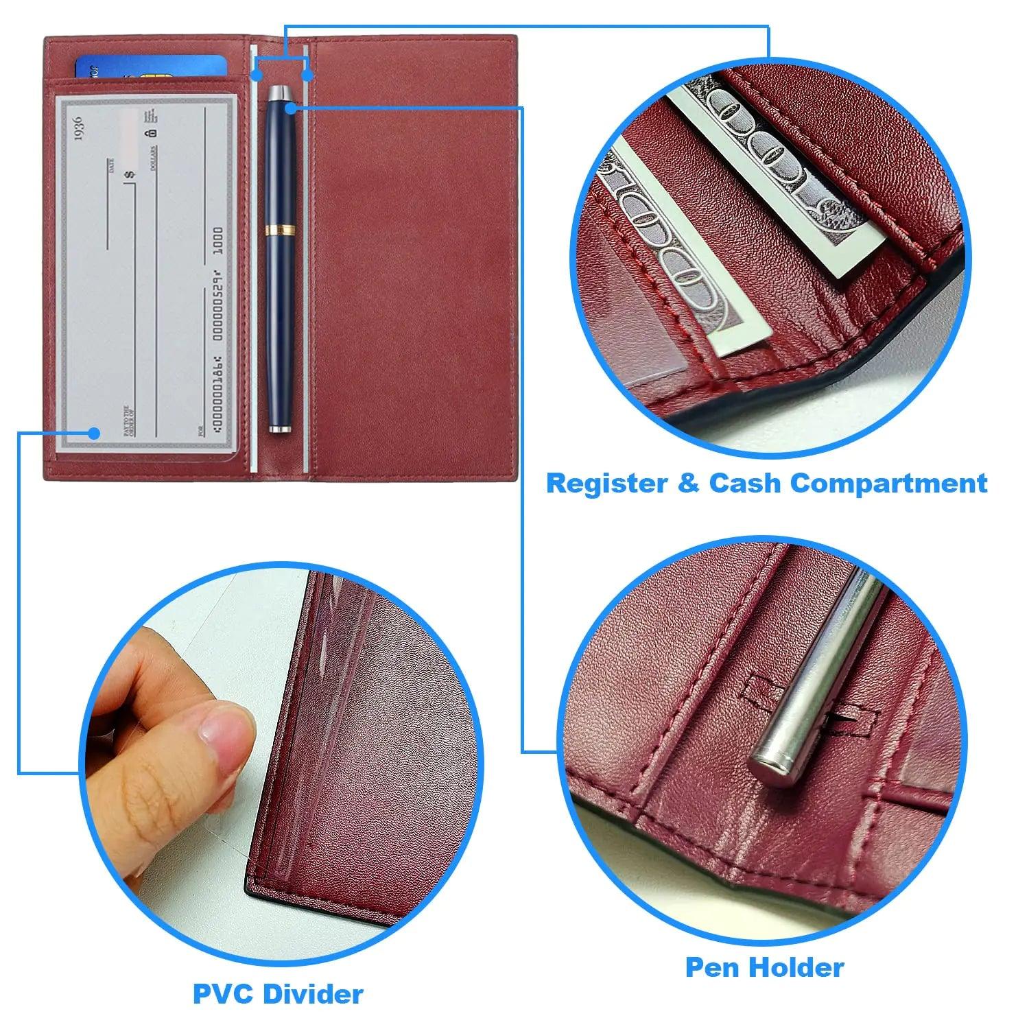 CASMONAL Premium Leather Checkbook Cover for Men and Women Checkbook Holder Wallet RFID Blocking Red Wine - Evallys.com # #