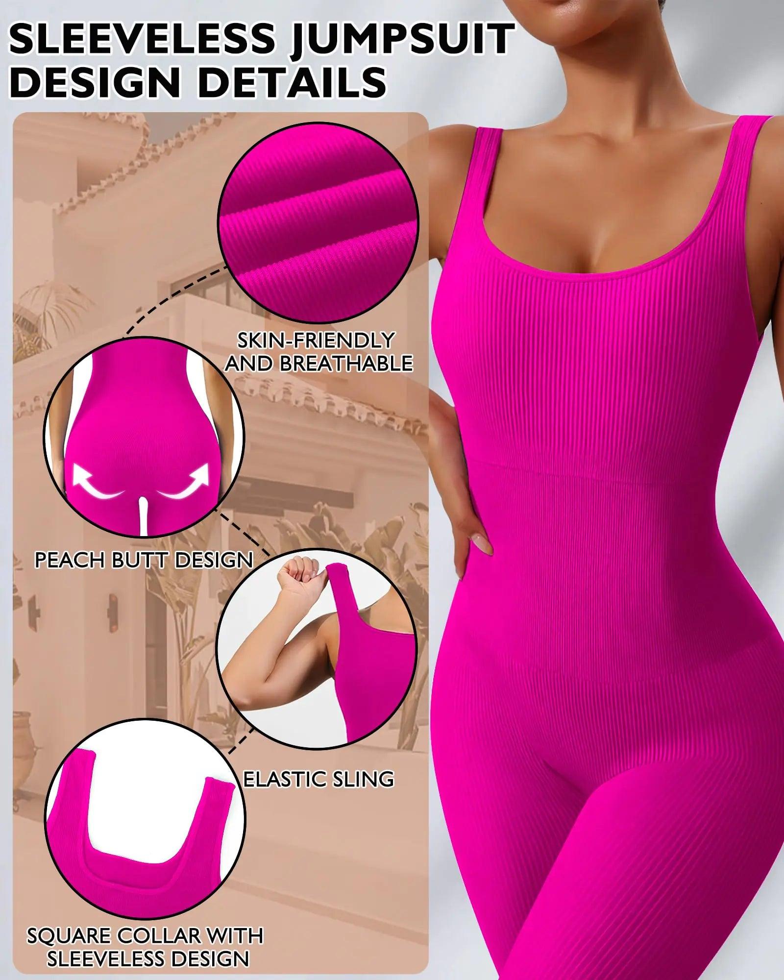 AURUZA Jumpsuit for Women Workout Seamless Jumpsuits Yoga Ribbed One Piece Tank Tops Rompers Sleeveless Exercise Jumpsuits Pink Small - Evallys.com # #