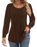 Ficerd Women's Puff Long Sleeve Tunic Tops Pleated Crew Neck Blouses Dressy Casual Loose Fit Fall and Winter Shirts Pink Floral Large - Evallys.com