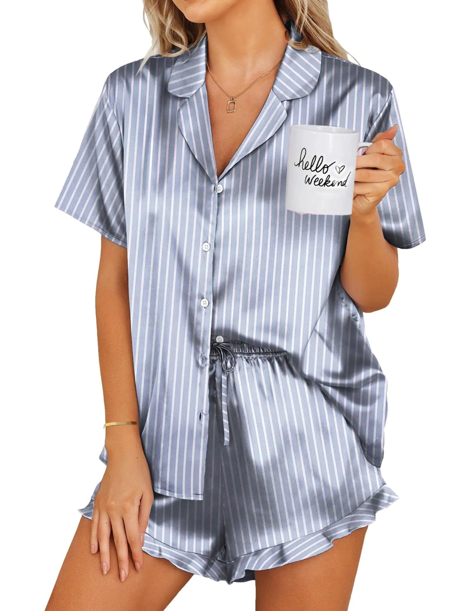 Ekouaer Womens Satin Pajamas Set Button Down 2 Piece Silk Pjs Shorts Set Ruffle Lingerie Notch Collar Sleepwear S-XXL XX-Large Striped Grey Blue - Evallys.com # #